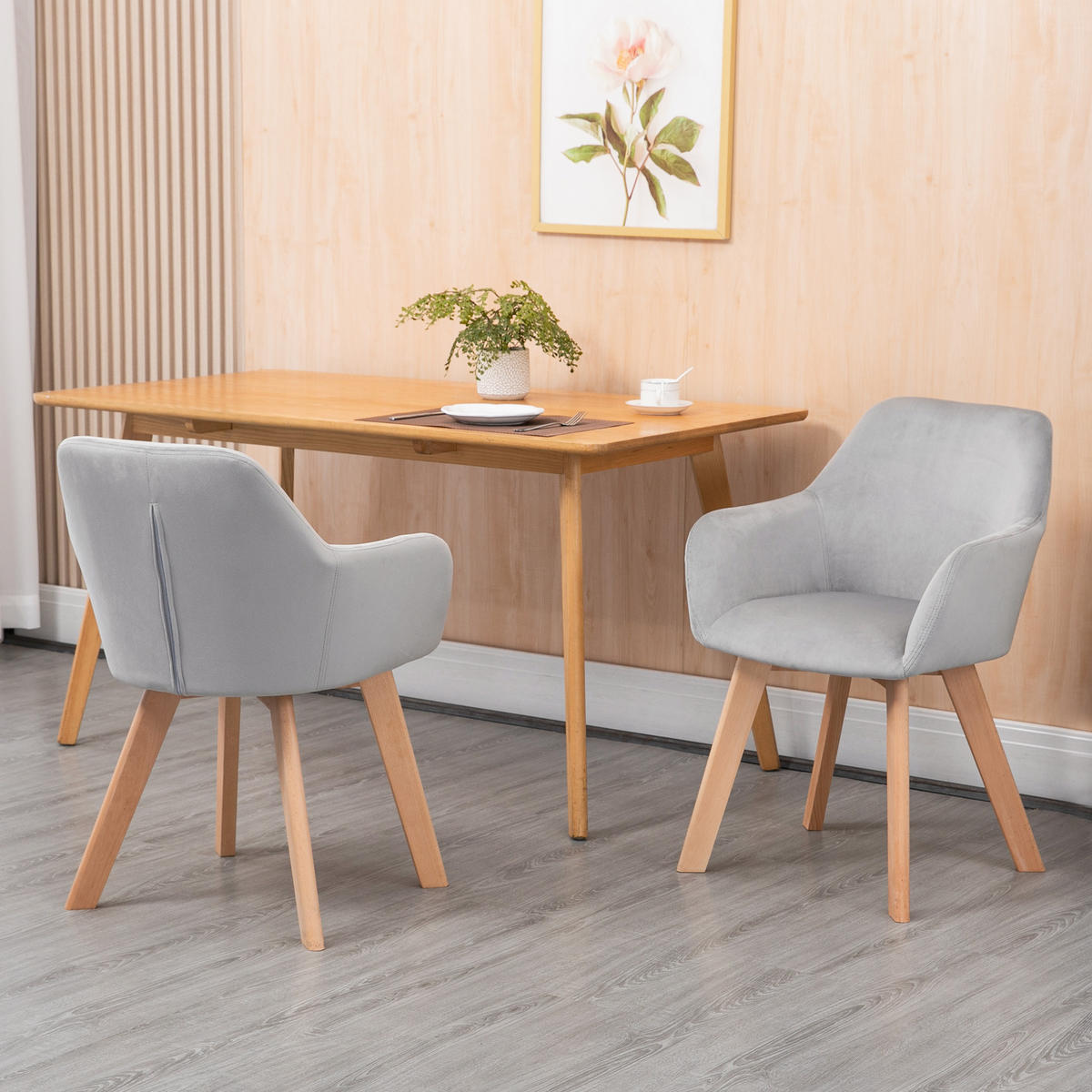ARMLEHNSTUHL 2er-Set DE-13208 Veloursbezug & Holzfüße Grau - Grau, Holz (57/80/54cm) - ComfortXL