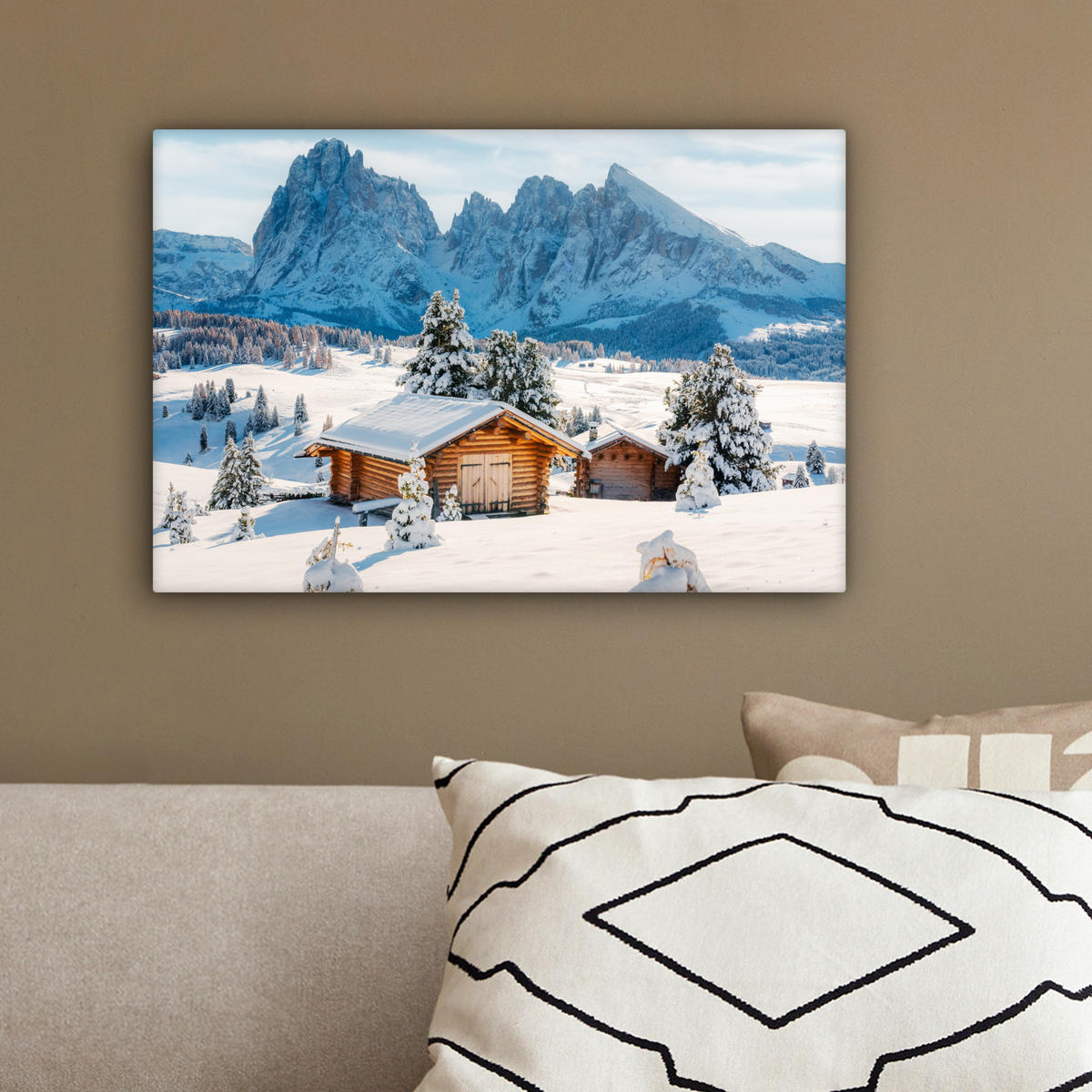 LEINWANDBILD Winter - Hütte - Berge - Aussicht - Schnee 30x20 cm - Eichefarben, Textil (30/20cm) - MuchoWow