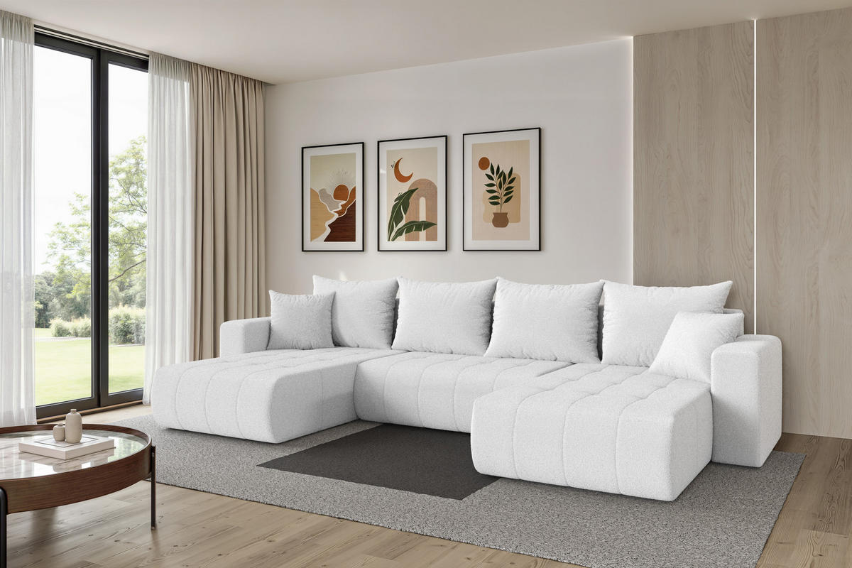 SEDACÍ SOUPRAVA DO U s funkcí spaní a úložným prostorem MILA-U 378x194x86 bílá bouclé - bílá/černá, kompozitní dřevo/textil (378/86/194cm) - ALTDECOR