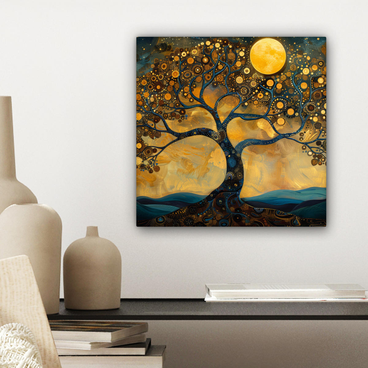 LEINWANDBILD Baum - Mond - Blumen - Gold - Kunst Deko Wohnzimmer 20x20 cm - Orange, Textil (20/20cm) - MuchoWow