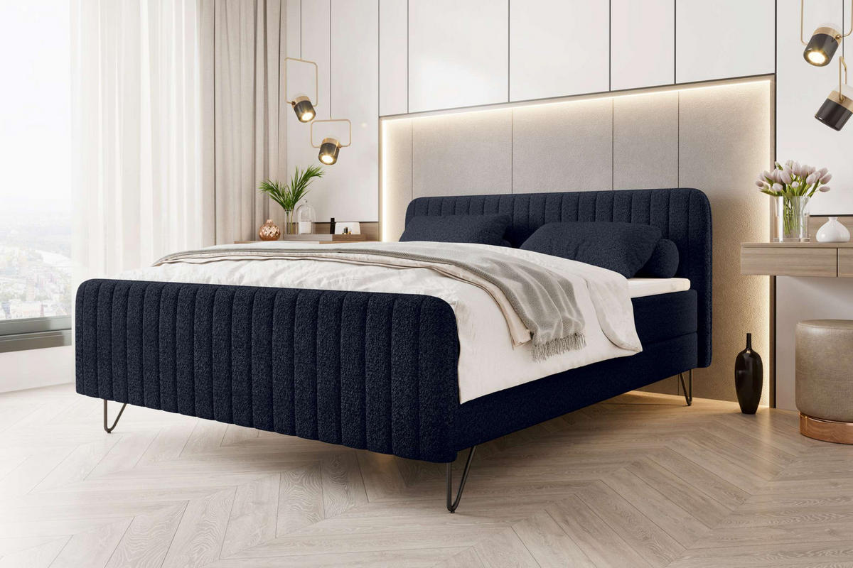 BOXSPRINGBETT LUCIO Bouclé-Stoff Dunkelblau 180/200 cm - Schwarz/Dunkelblau, Textil/Metall (180/200cm) - 99rooms