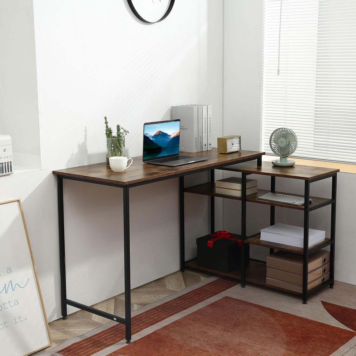 COMPUTERTISCH Bürotisch Regal platzsparend Spanplatte Metall Rustikales Braun - Braun, Kunststoff (135/90/79cm) - HOMCOM