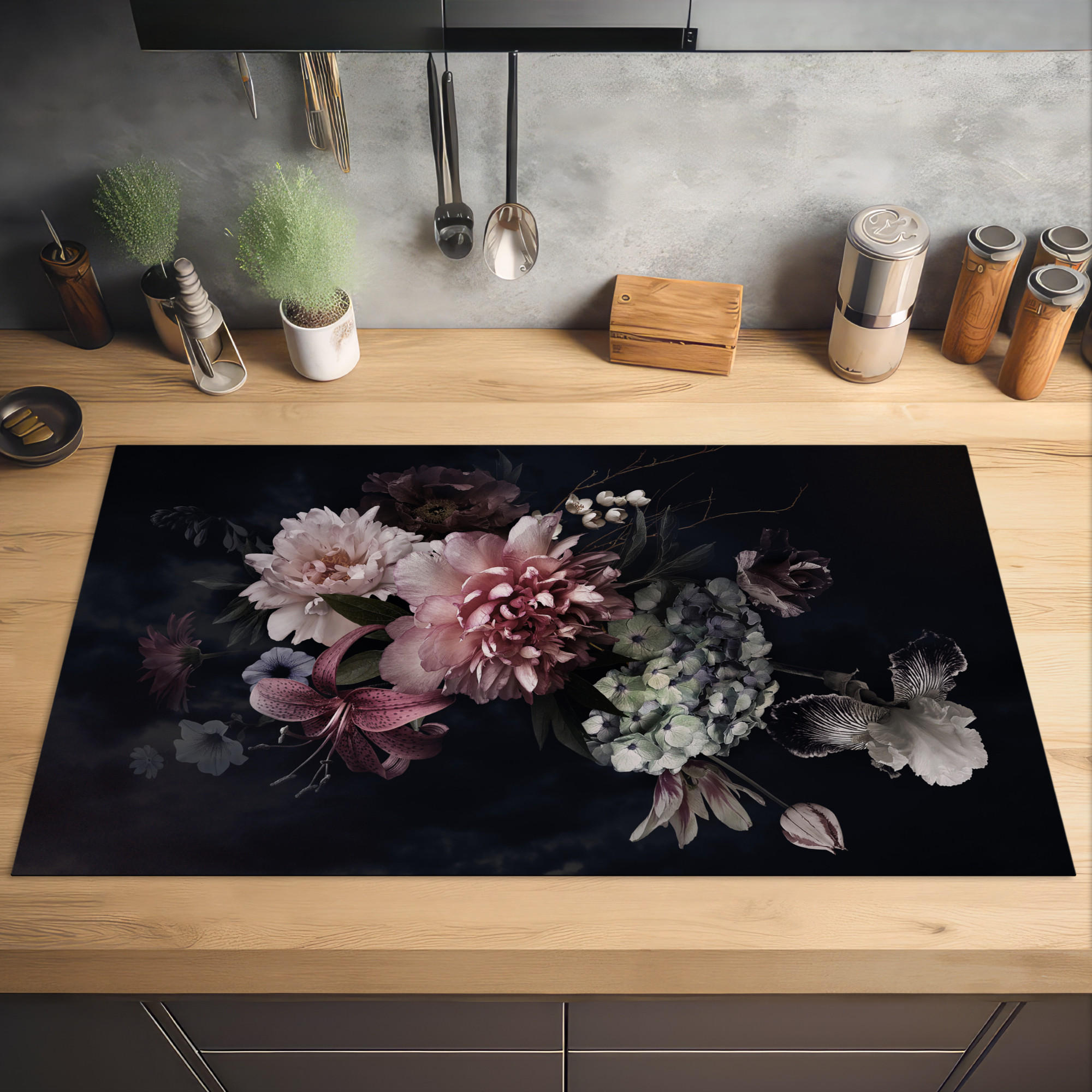 HERDABDECKPLATTE Blumen - Vintage - Pastell - Rosa - Weiß 91x52 cm - Altrosa, Kunststoff (91.2/0.2/52cm) - MuchoWow