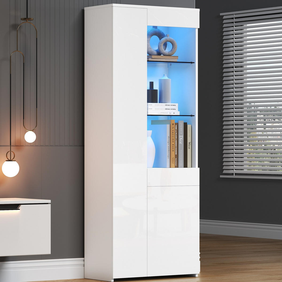 VITRINE 70/35/180 cm mit LED-Beleuchtung, App-Steuerung, Schublade und Hochglanzfront, Weiß - Weiß, Holzwerkstoff (70/180/35cm) - Redom