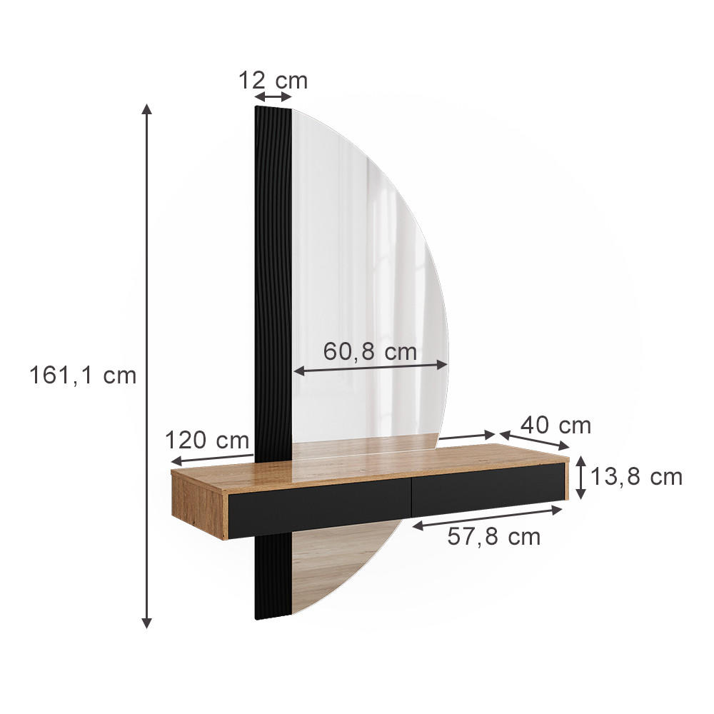 SCHMINKTISCH Melisa Schwarz 120 cm mit 2 Schubladen - Eichefarben/Schwarz, Holzwerkstoff (120/161.1/40cm) - Vicco