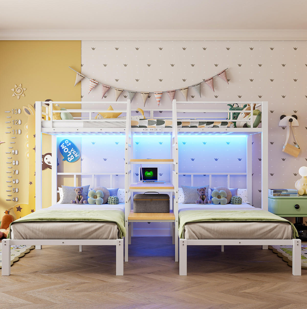 ETAGENBETT aus Metall und MDF 90x200 cm Weiß mit LED, USB-Anschlüssen, Steckdose, Schreibtisch und Stauraumstufen - Weiß, Metall (90/200cm) - Modfu