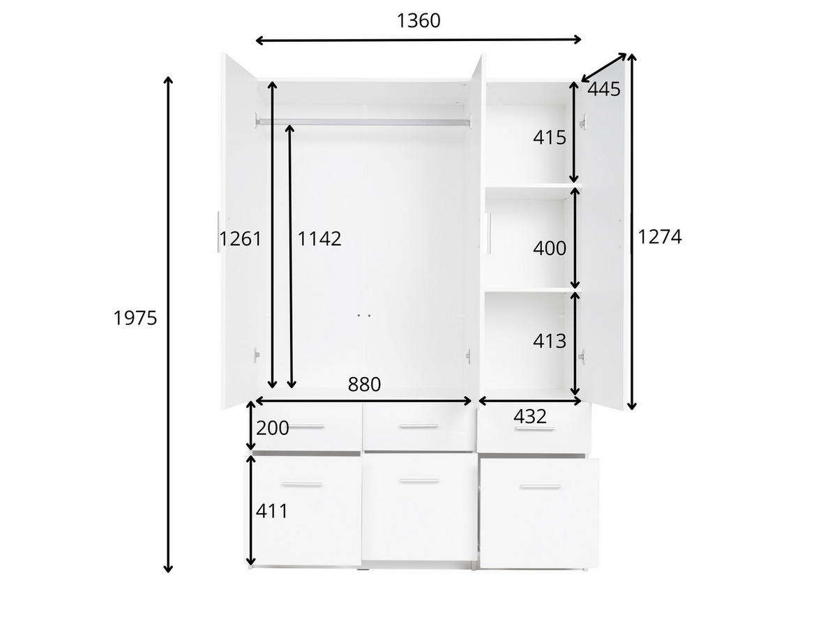 KLEIDERSCHRANK SOLENA 04 - 136×197,6×53,6 cm 3 Türen & 6 Schubladen Wellington Eiche - Eichefarben, Holz/Holzwerkstoff (136/197.6/53.6cm) - Milaros Markt