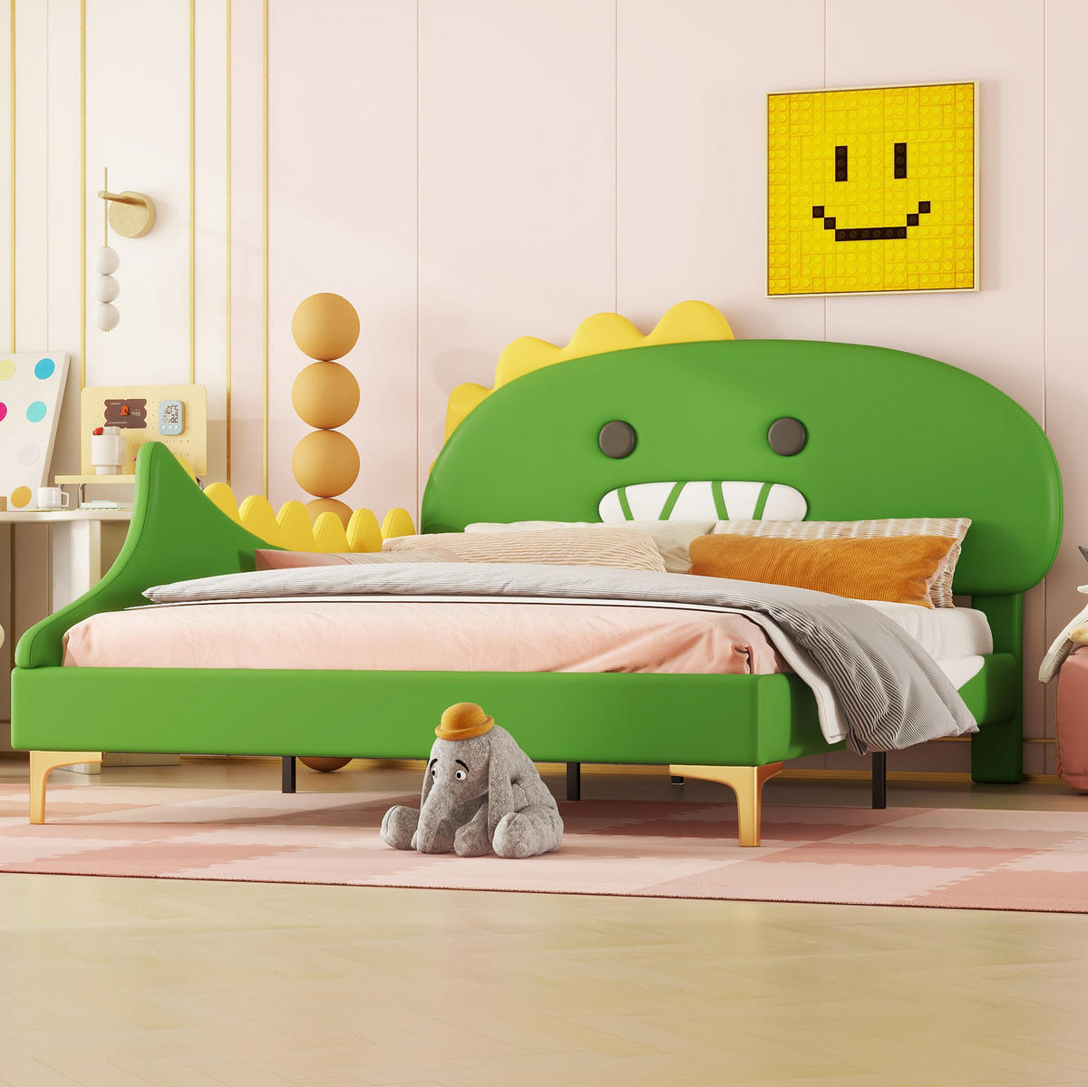 KINDERBETT aus PU und MDF 140x200 cm Grün mit Dinosaurier-Kopfteil und pflegeleichter Oberfläche - Grün, Leder (140/200cm) - Modfu