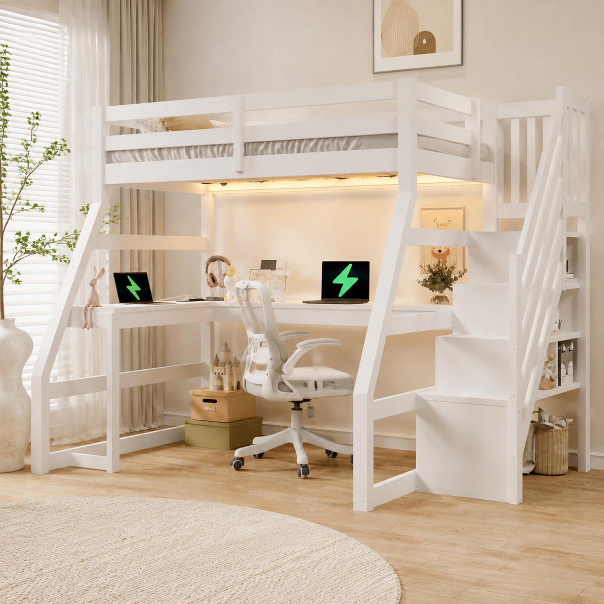 HOCHBETT 90/200 mit Schreibtisch und Stauraumtreppe in Weiß - Weiß, Holzwerkstoff (90/200cm) - EVRYAE