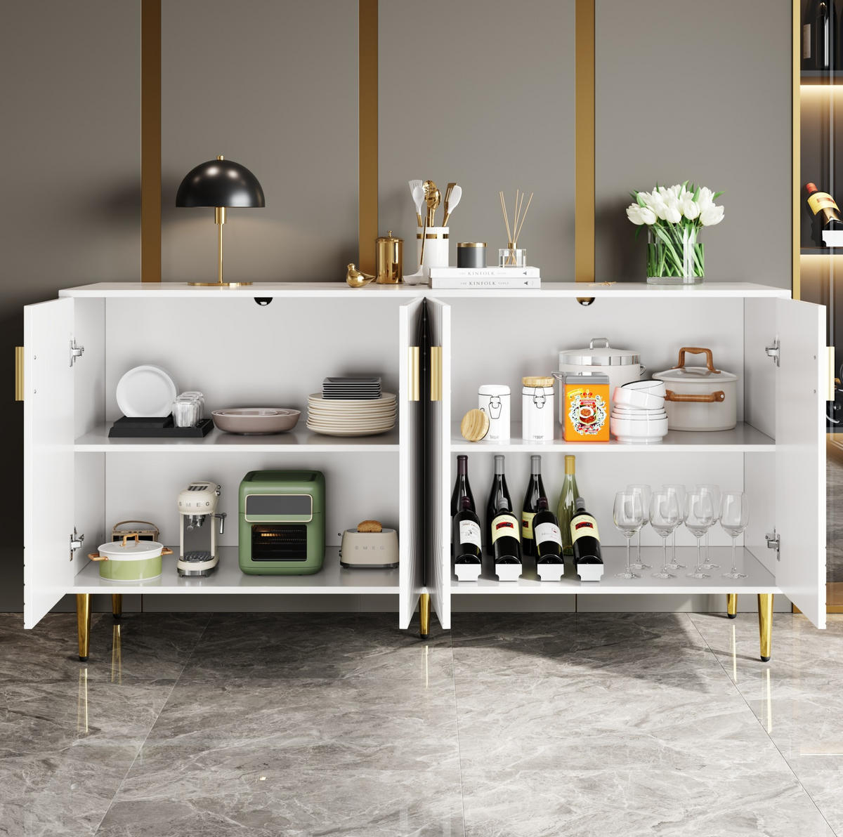 SIDEBOARD, 152/40/75 cm, MDF bílá se zlatými detaily a vlnitými dvířky - bílá, kompozitní dřevo (40/75/152cm) - Modenvie