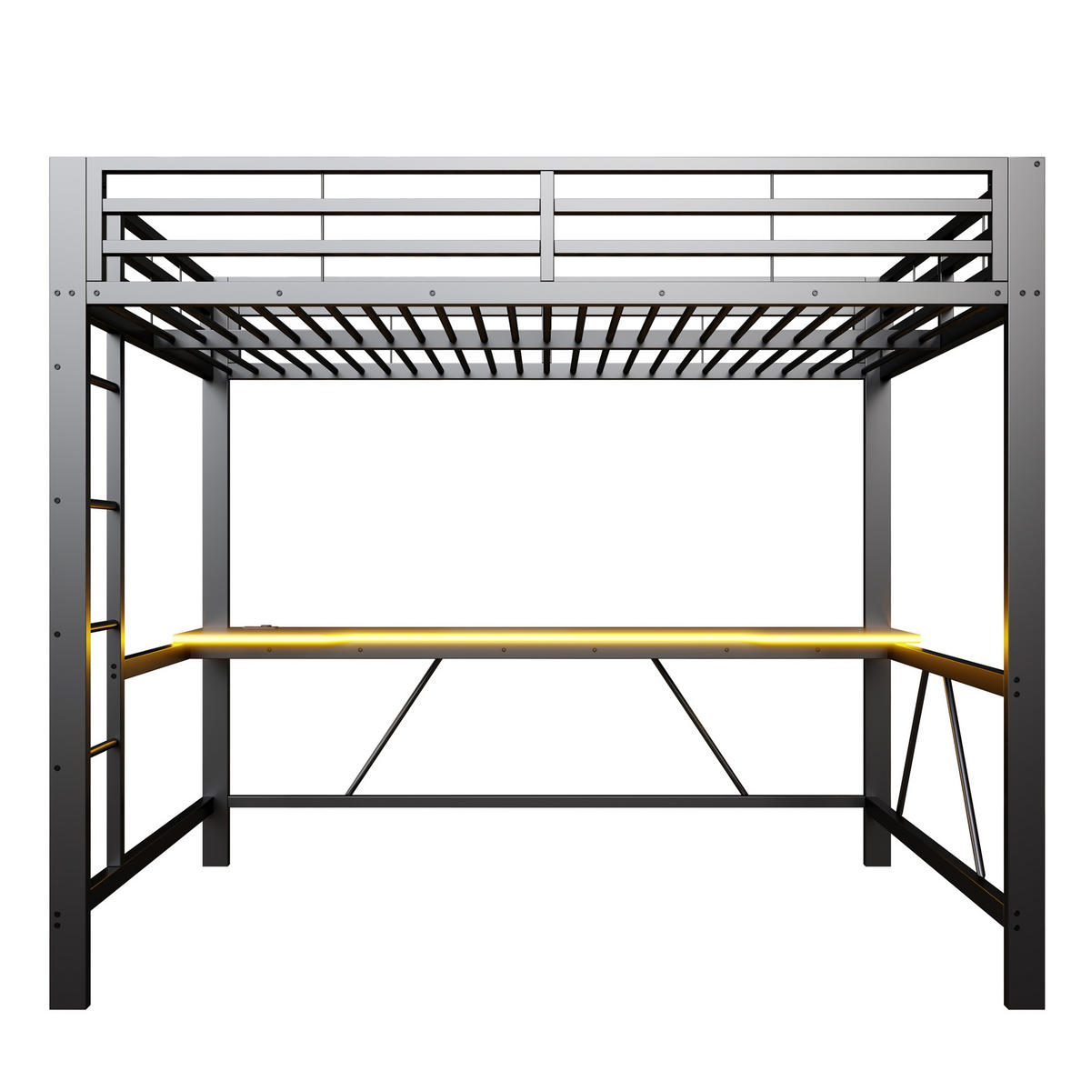 HOCHBETT 140/200 cm DE-03444, mit LED-Beleuchtung, USB-Ladestation und Schreibtisch, in Schwarz - Schwarz, Holzwerkstoff/Metall (140/200cm) - ComfortXL