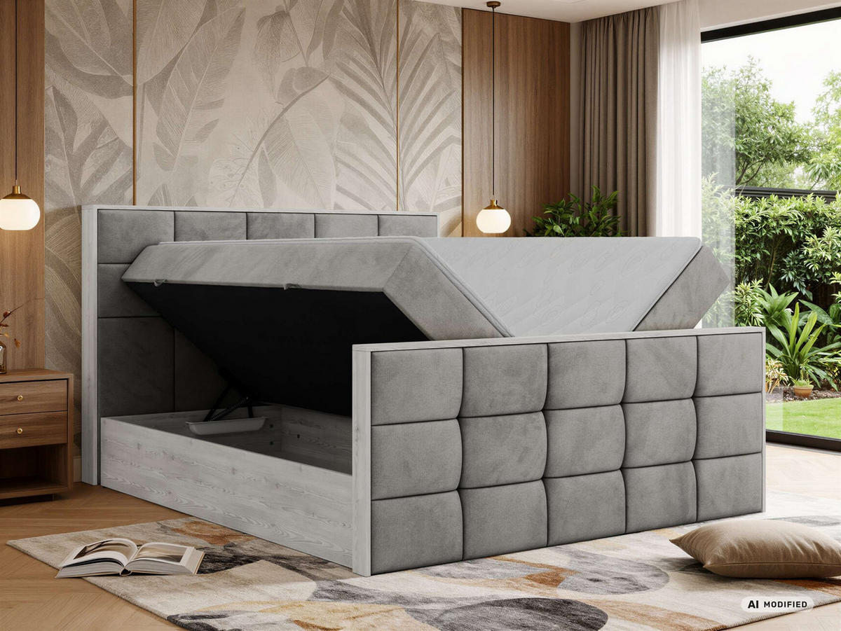 BOXBETT ALNOR DUO 140/200 - Hellgrau Velvet - Topper Visco - H3 - Hellgrau/Schwarz, Kunststoff/Textil (140/200cm) - MKS