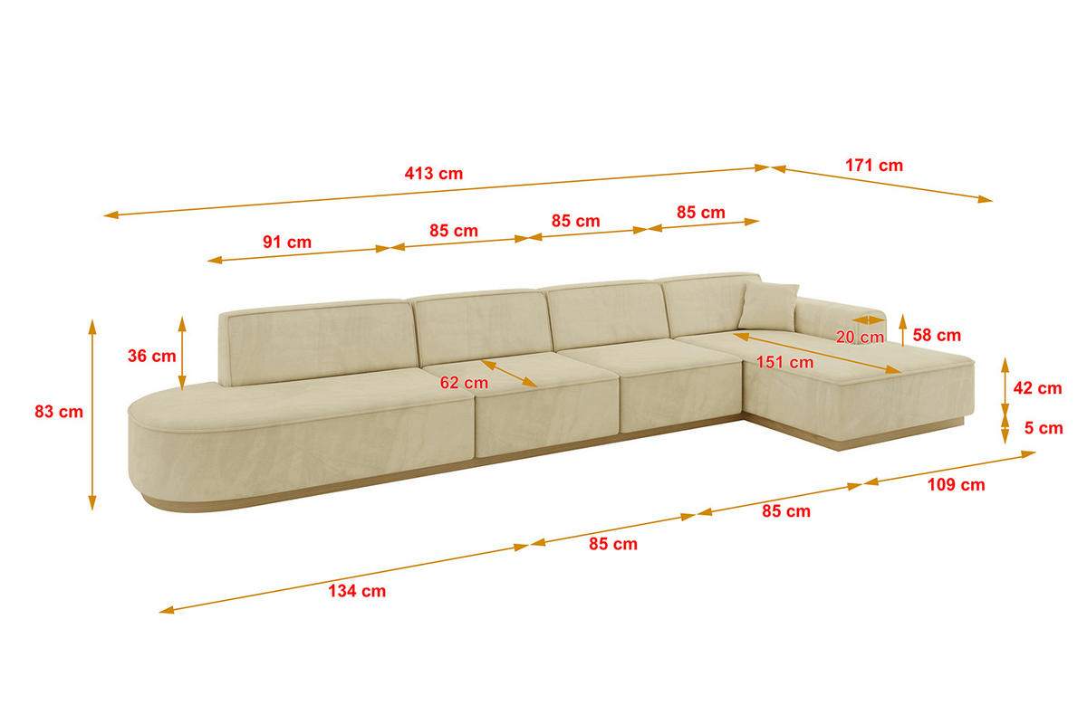 ECKSOFA Ottomane Rechts IREA-L3-v2 - 413x171x83 cm Beige - Taupe/Champagner, Holzwerkstoff/Textil (171/413cm) - ALTDECOR