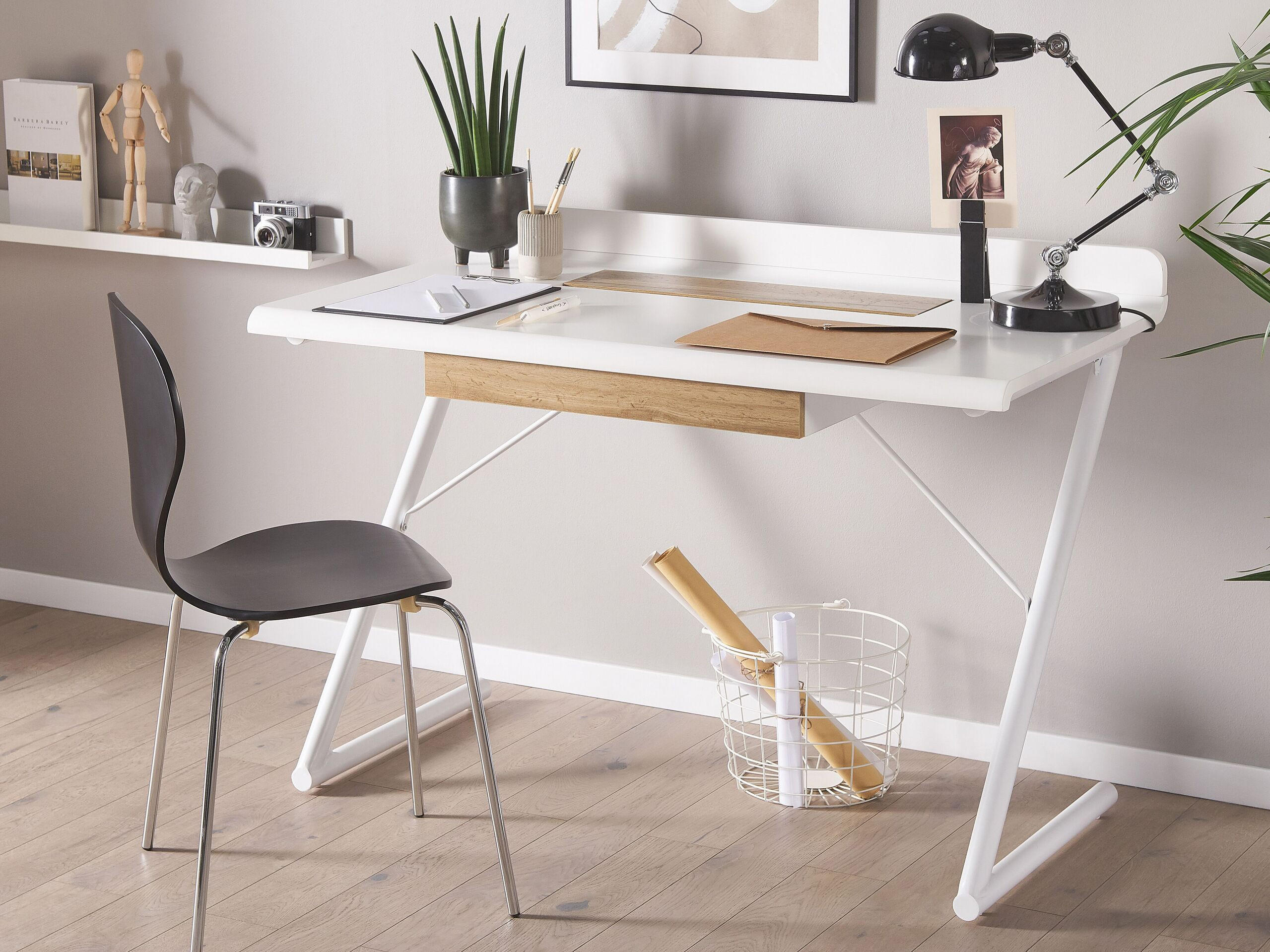SCHREIBTISCH weiß/heller Holzfarbton 120/60/84 cm Focus - Weiß, Holzwerkstoff (60/120/84cm) - Beliani
