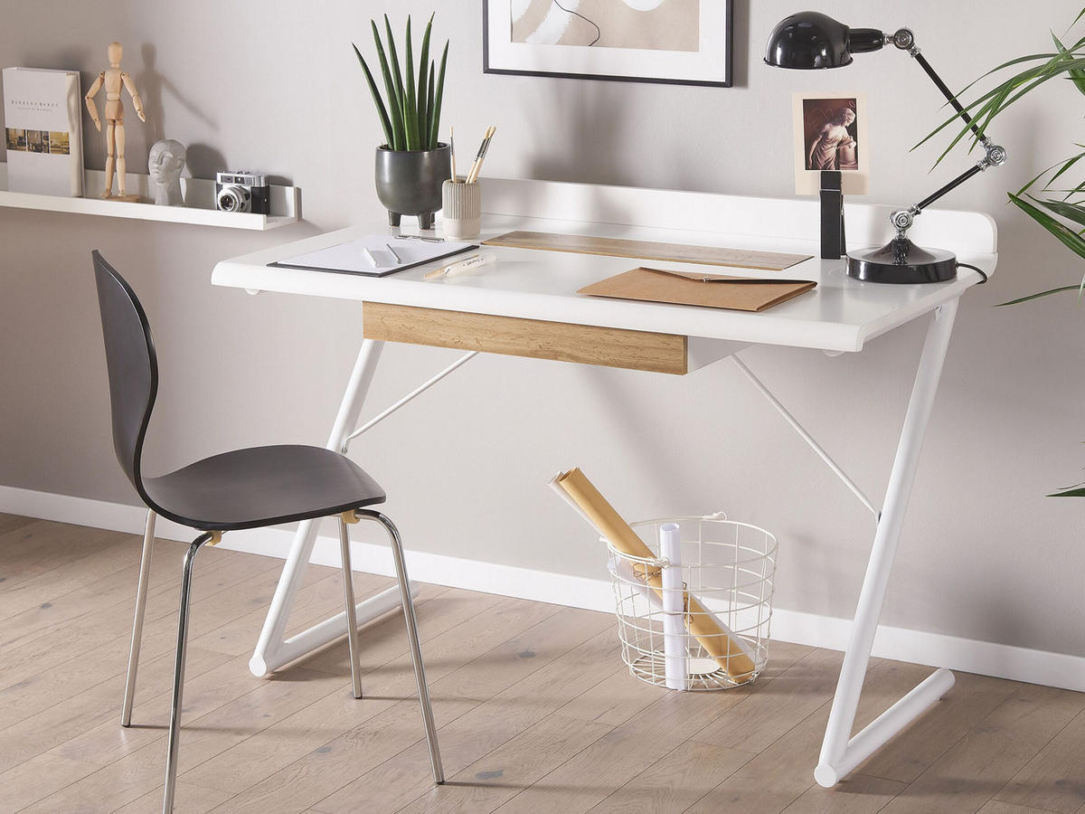SCHREIBTISCH weiß/heller Holzfarbton 120/60/84 cm Focus - Weiß, Holzwerkstoff (60/120/84cm) - Beliani