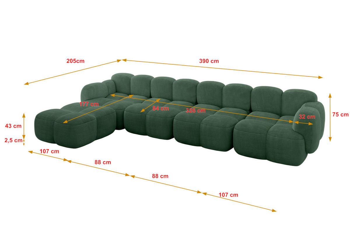 ECKSOFA modulares Sofa Links Miko-L3 390x205x75 Grün Cord - Waldgrün/Schwarz, Holzwerkstoff/Kunststoff (390/205cm) - ALTDECOR