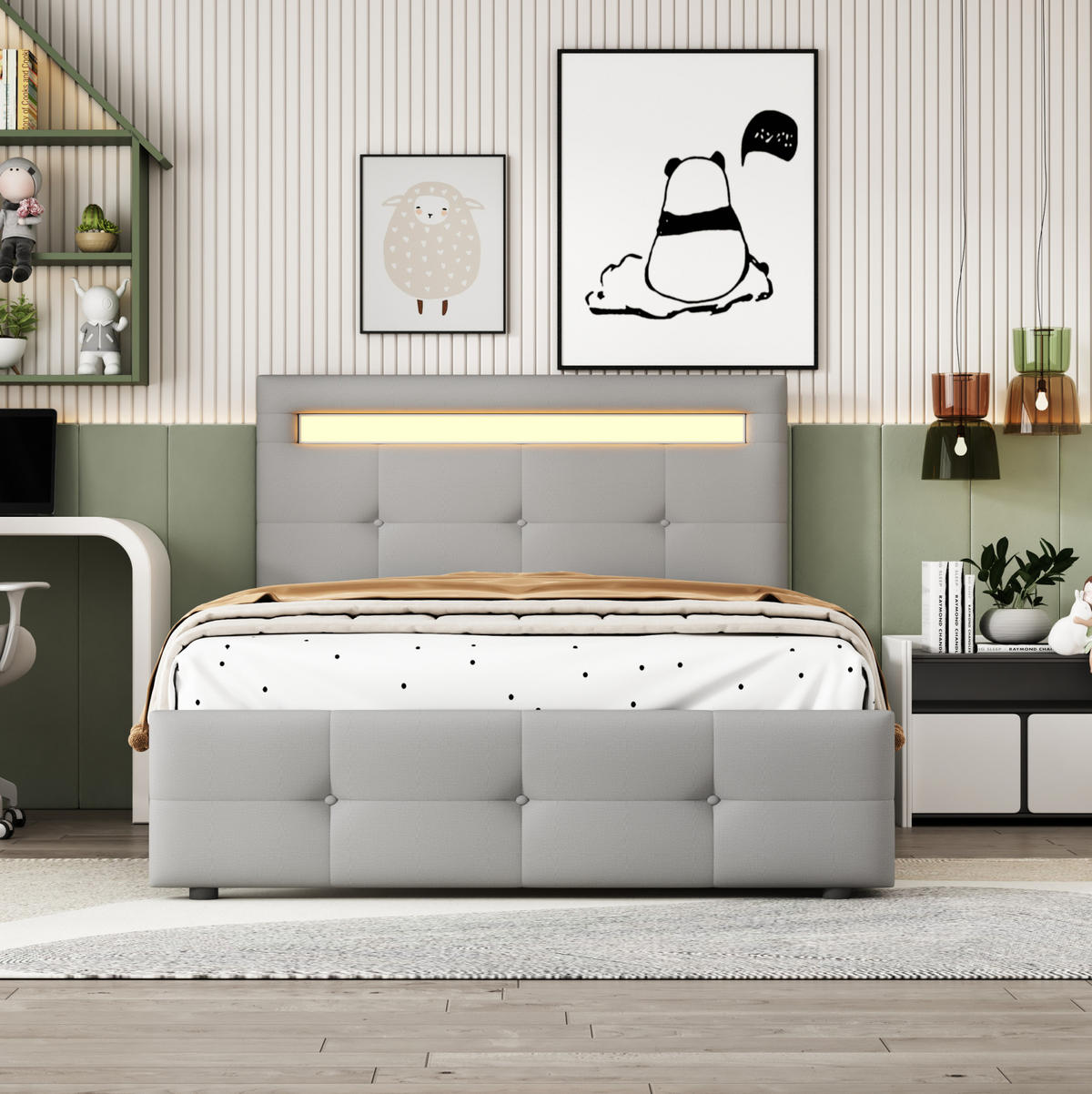 POLSTERBETT 90/200 cm mit LED-Beleuchtung, 2 Schubladen und verstellbarem Kopfteil, Grau - Grau, Textil (90/200cm) - Redom