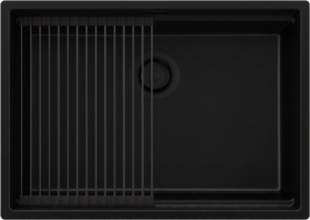 SPÜLBECKEN Praga Slim, 2-er set Alles Schwarz 66/47 cm 1 Becken + Ablauf-Set + Aufrollbare Abtropffläche ab 70er Unterschrank - Schwarz, Kunststoff (66/20/47cm) - Primagran