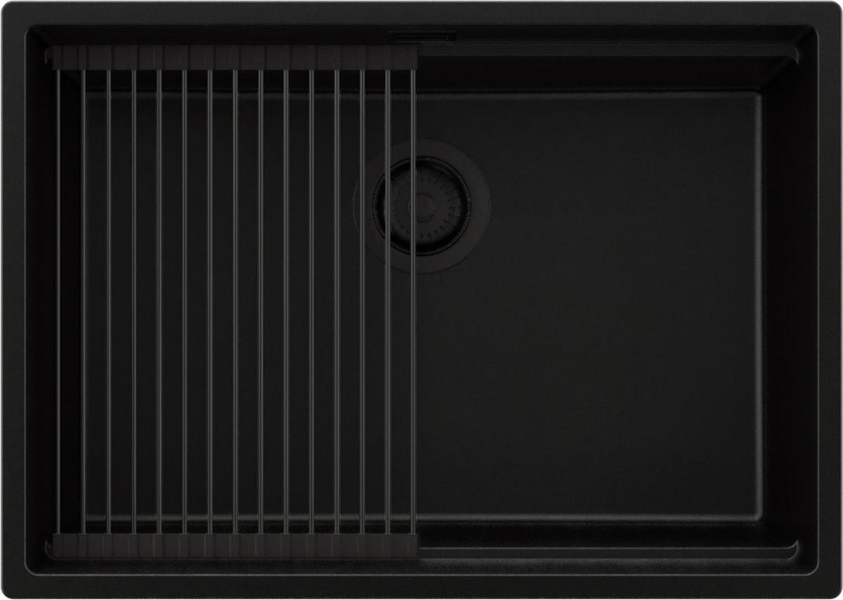 SPÜLBECKEN Praga Slim, 2-er set Alles Schwarz 66/47 cm 1 Becken + Ablauf-Set + Aufrollbare Abtropffläche ab 70er Unterschrank - Schwarz, Kunststoff (66/20/47cm) - Primagran