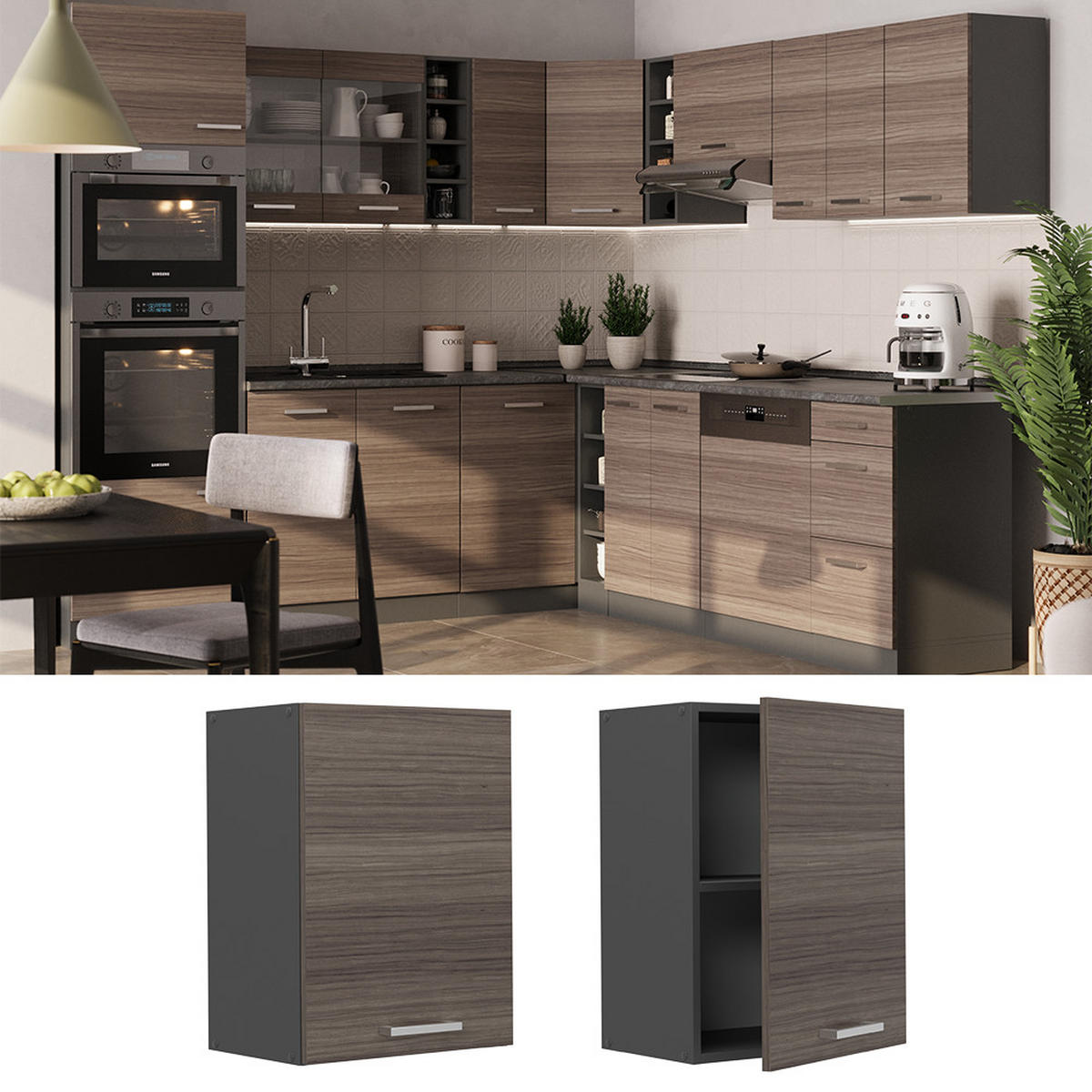 HÄNGESCHRANK R-Line Edelgrau 45 cm - Anthrazit/Braun, Holzwerkstoff (45/60/31cm) - Vicco