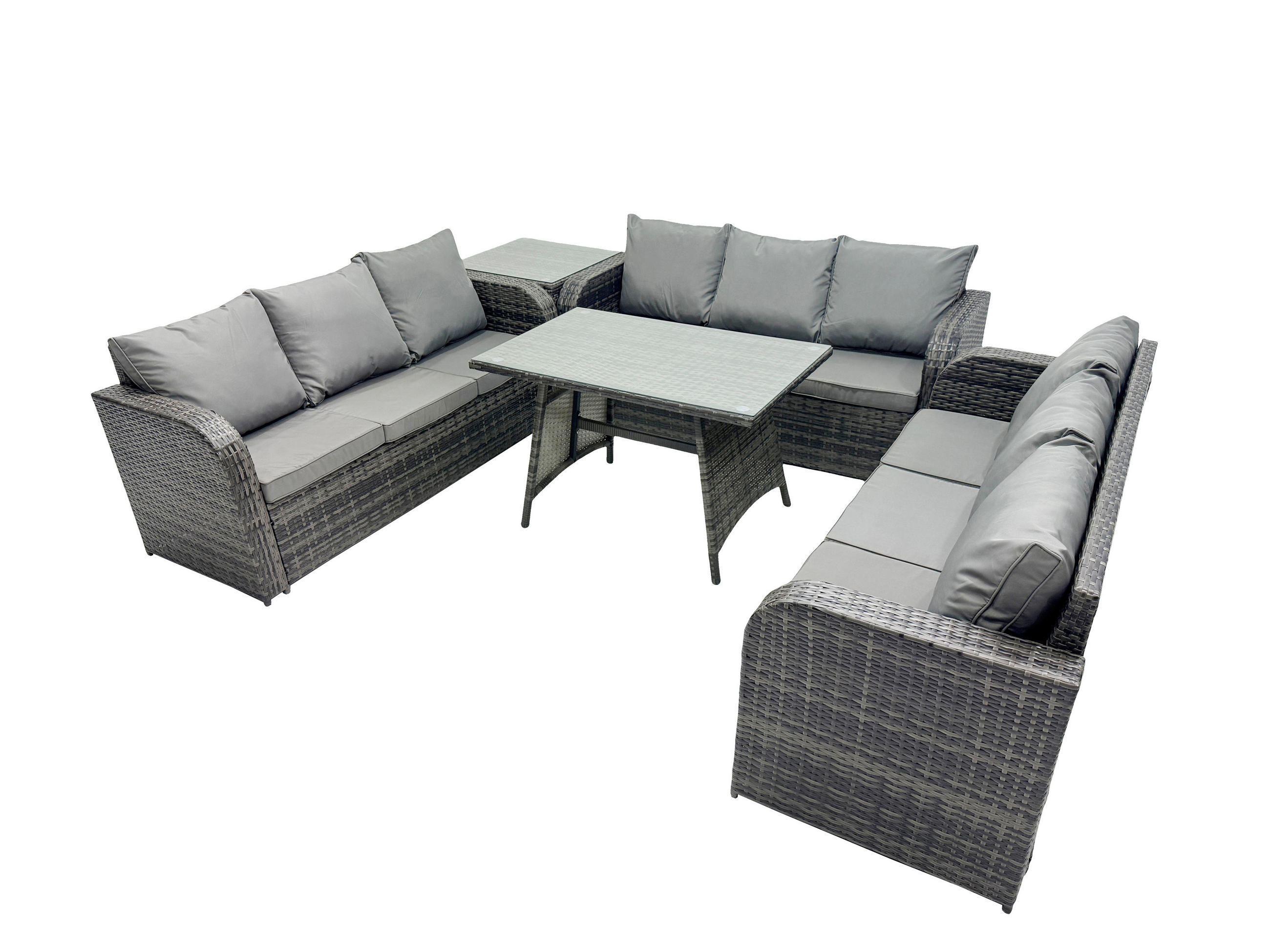 GARTENMÖBELSET mit ESSTISCH, 3-SITZER SOFA Polyrattan 9-Sitzer - Dunkelgrau/Grau, Glas/Kunststoff - Fimous