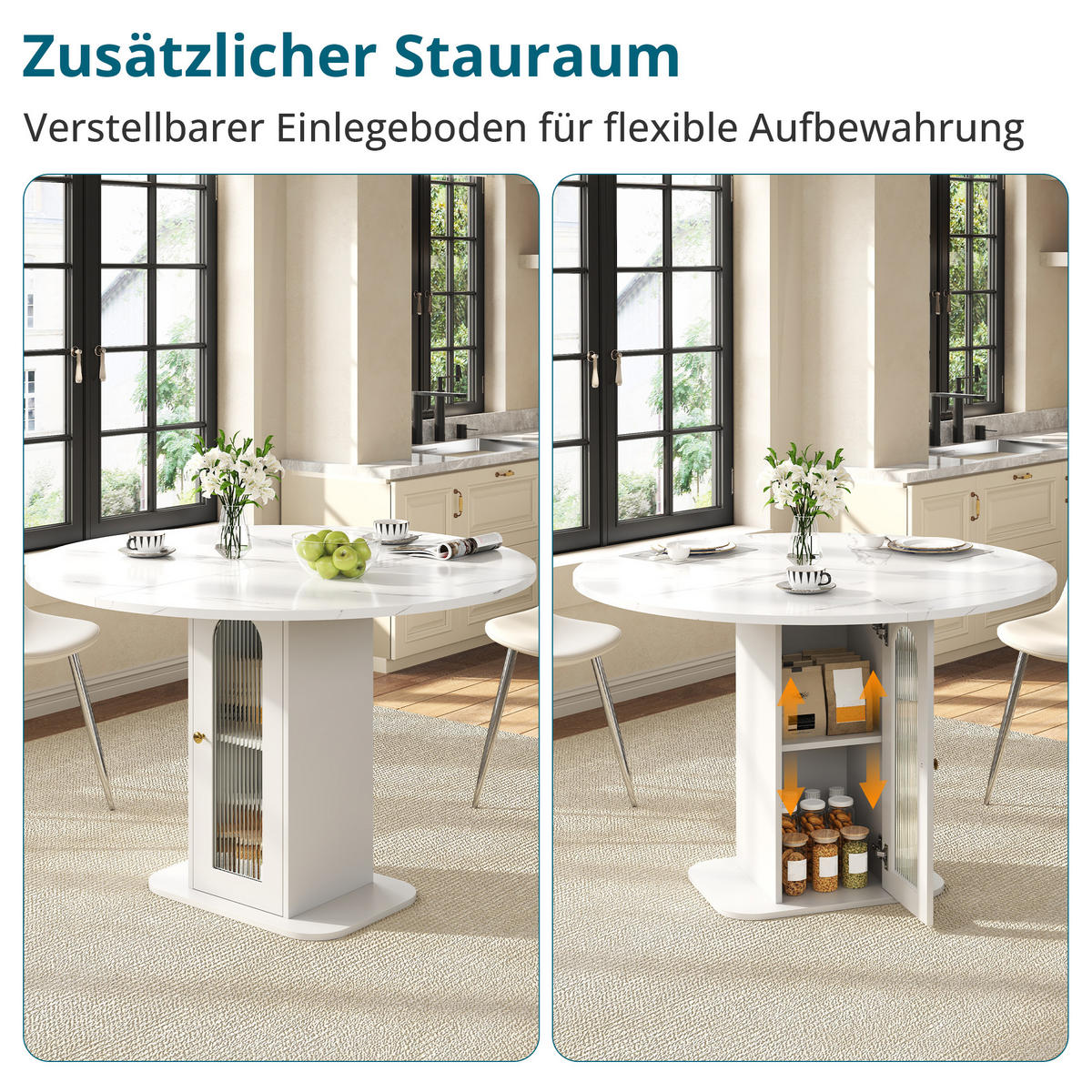 ESSTISCH in Weiß mit Marmoroptik und Stauraum für Esszimmer, B80/T80/H75 cm - Weiß, Holzwerkstoff/Metall (80/80/75cm) - STILVORA
