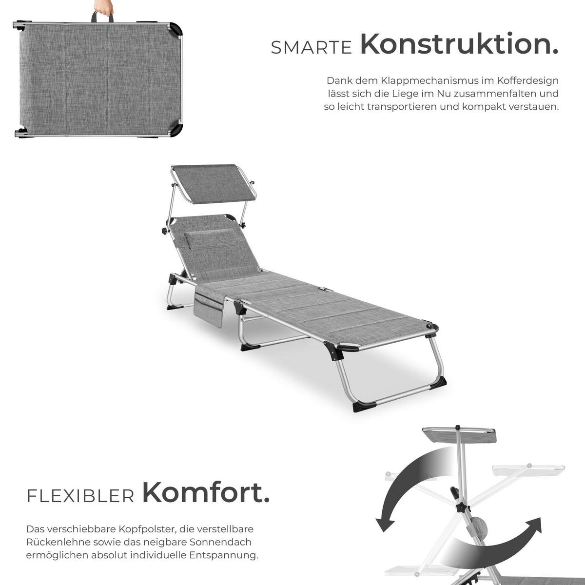 SONNENLIEGE aus Aluminium Lorella, 200 x 60,5 x 34 cm, mit Seitentasche, grau-meliert - Grau, Kunststoff (60.5/115/200cm) - tectake