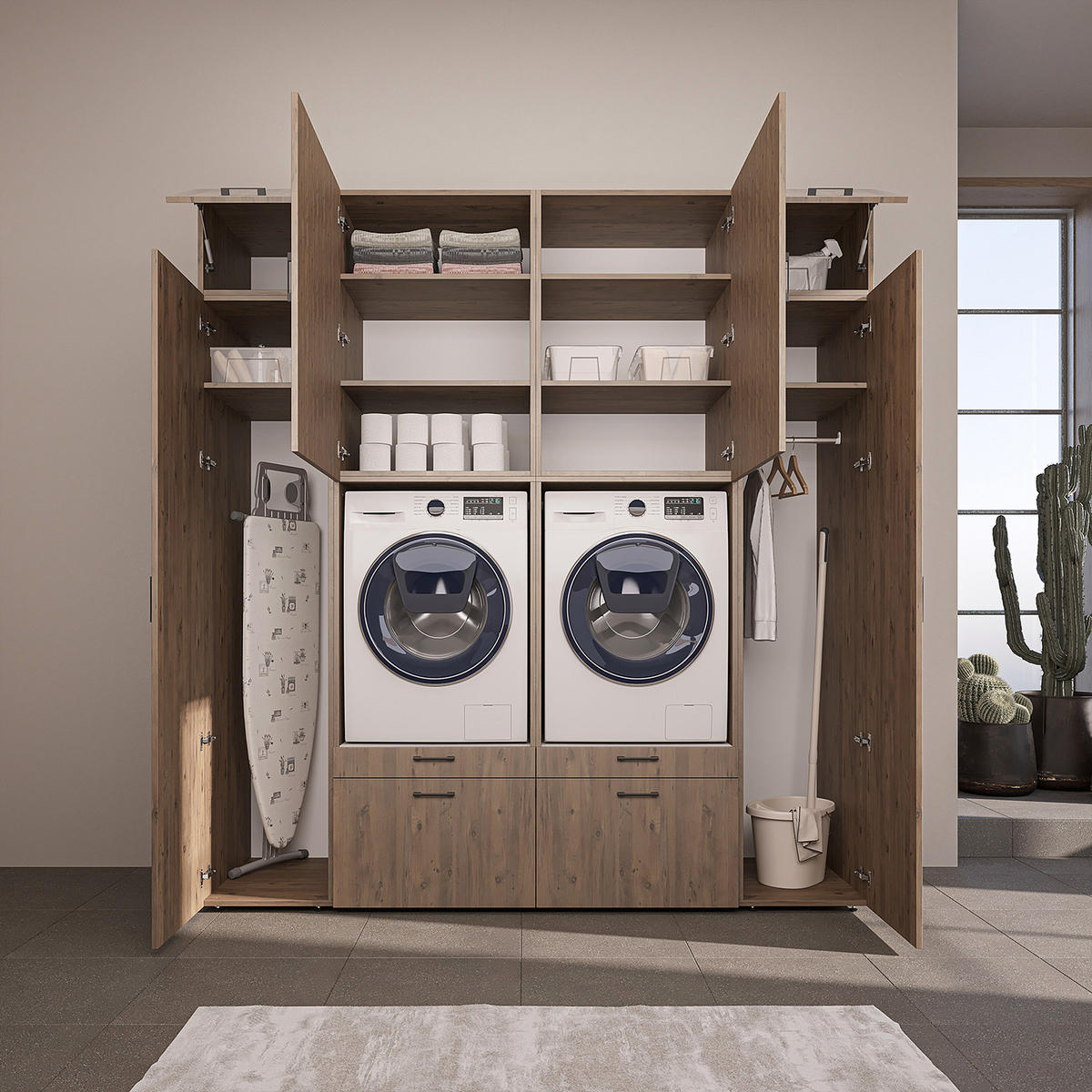 WASCHMASCHINENSCHRANK Serie 2 224cm Breit, 240cm Hoch - Eichefarben, Holzwerkstoff (224/240/67cm)