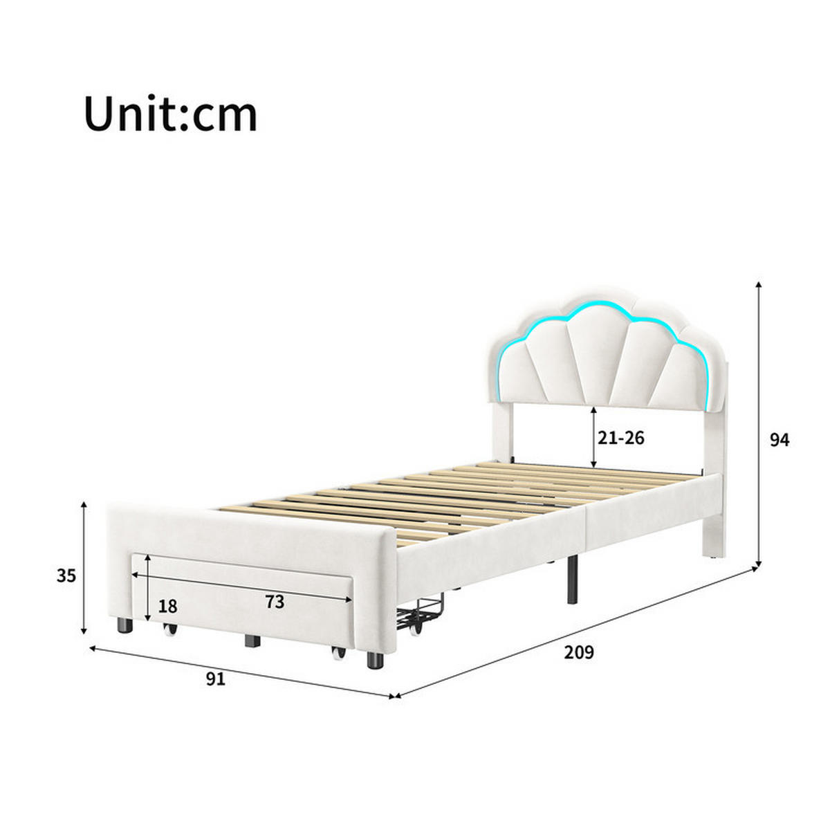 KINDERBETT 90x200cm, Samt, Weiß, Mädchenbett, mit LED-Lichtleiste und Schubladen, Blütenförmiges, ohne Matratze - Weiß, Holz (90/200cm) - WoodenAura