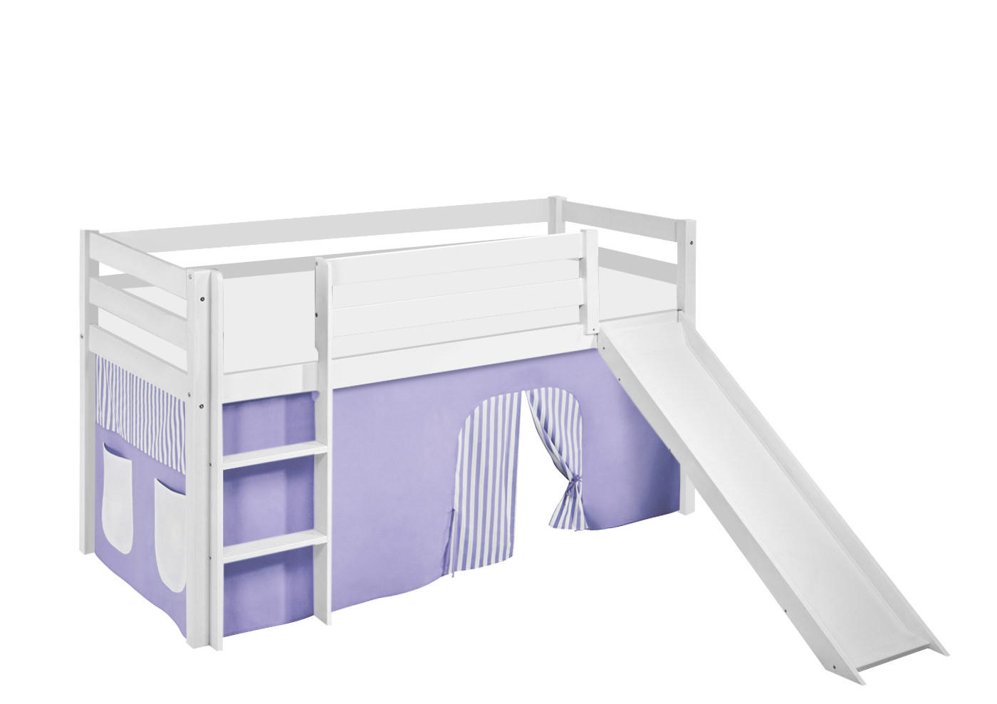 SPIELBETT JELLE Lila Beige - Hochbett - mit Rutsche und Vorhang - Weiß, Holz - Lilokids
