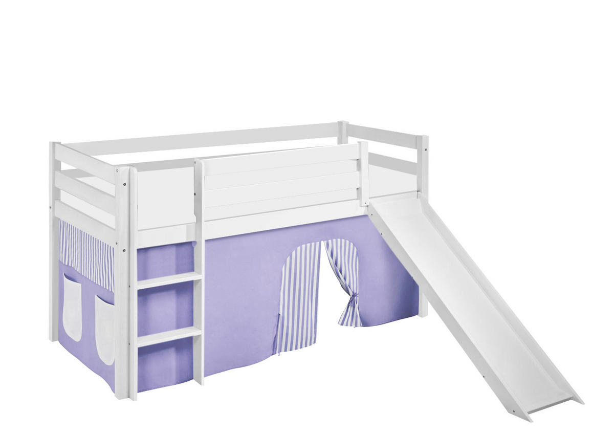 SPIELBETT JELLE Lila Beige - Hochbett - mit Rutsche und Vorhang - Weiß, Holz - Lilokids