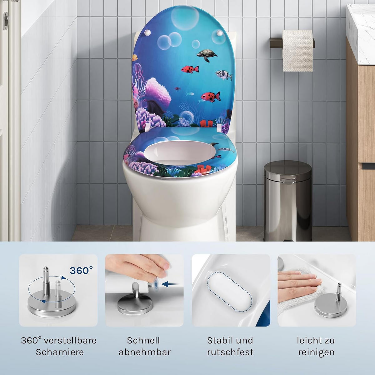 WC SITZ mit Absenkautomatik, Duroplast, Fische Oval - Blau/Weiß, Kunststoff (37/2.51/45cm) - Woltu