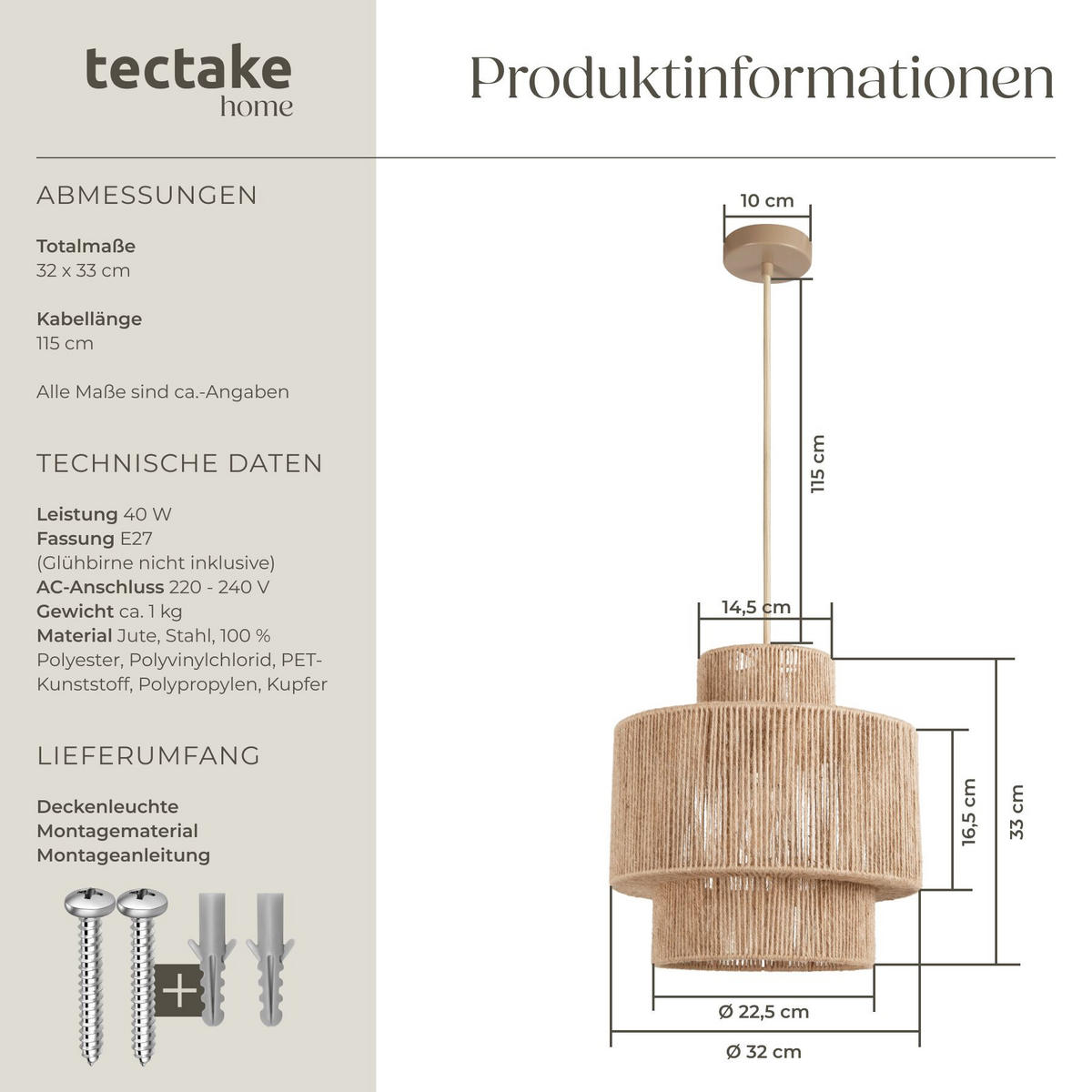 HÄNGELEUCHTE Allegra aus Jute, 32 x 33 cm, natur - Naturfarben, Metall (32/32/33cm) - tectake