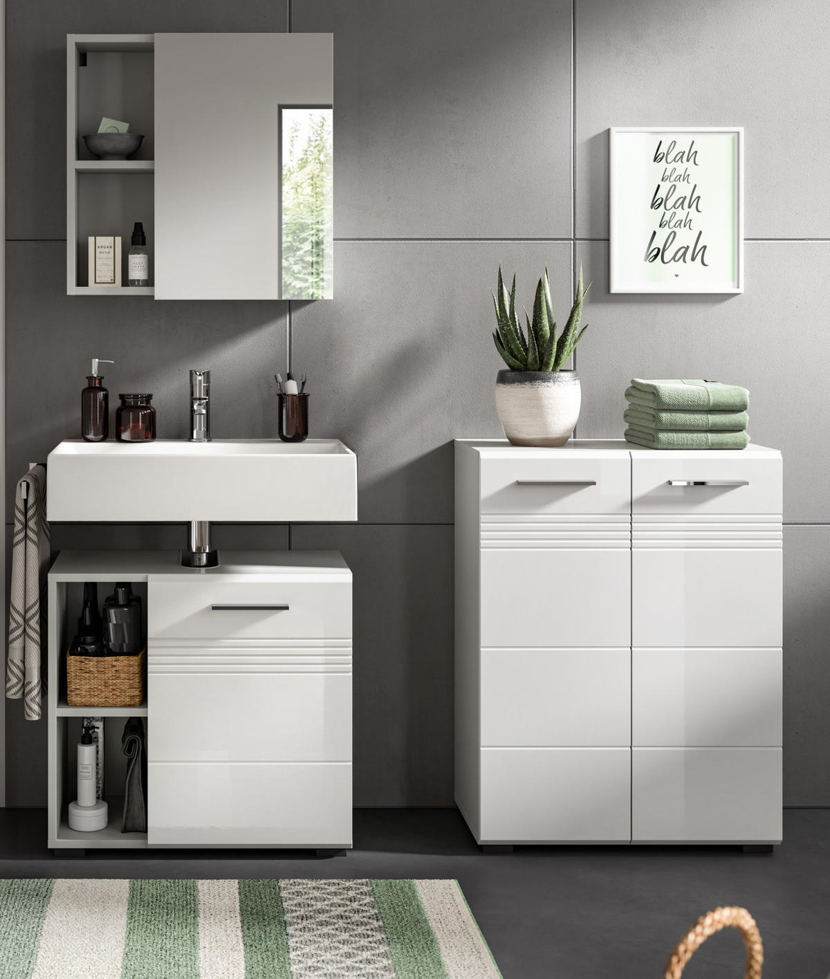 BADMÖBEL-SET 3-teilig weiß Hochglanz, grau 135 cm, Komplettset mit Soft-Close - Weiß Hochglanz/Grau, Glas/Holzwerkstoff (135/190/32cm) - Inn.Furn