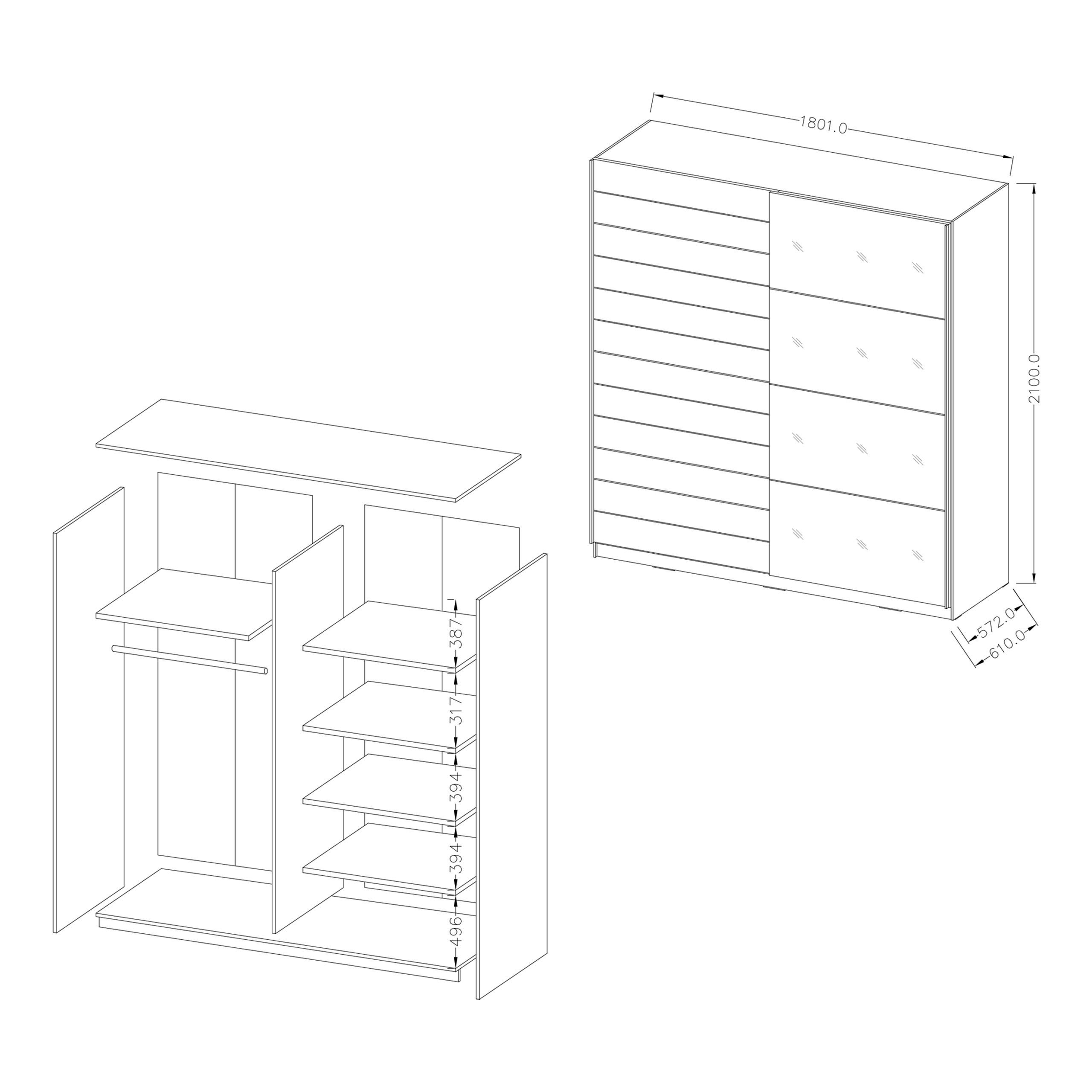 SCHWEBETÜRENSCHRANK BETTINA 180/210/61 cm 2-türig mit Spiegel Multicolor - Multicolor, Holzwerkstoff (180/210/61cm) - MASSENO