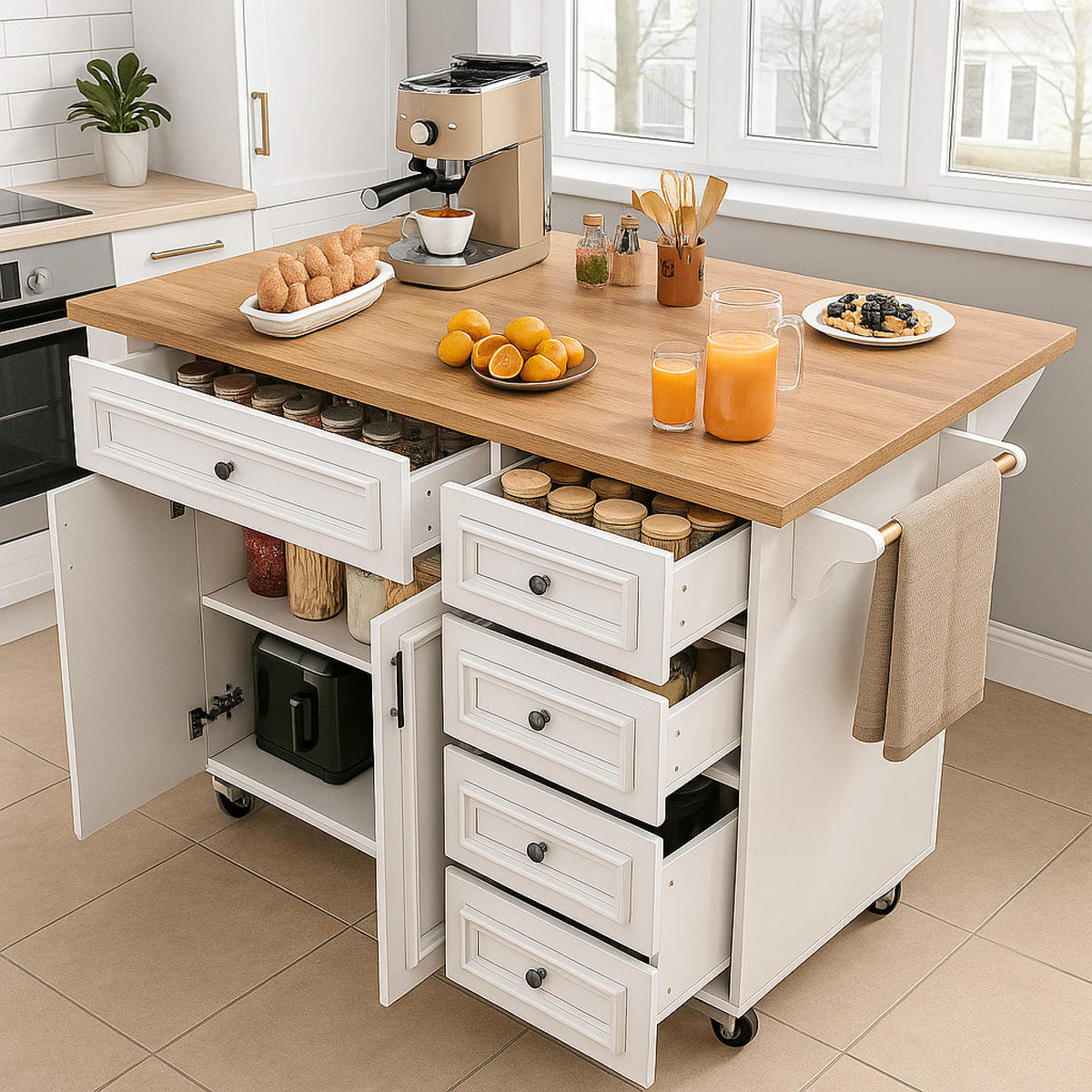 KÜCHENINSEL mit höhenverstellbarer Tischplatte und großzügigem Stauraum - Weiß, Holzwerkstoff/Metall (110/92/75cm) - Urban Meuble