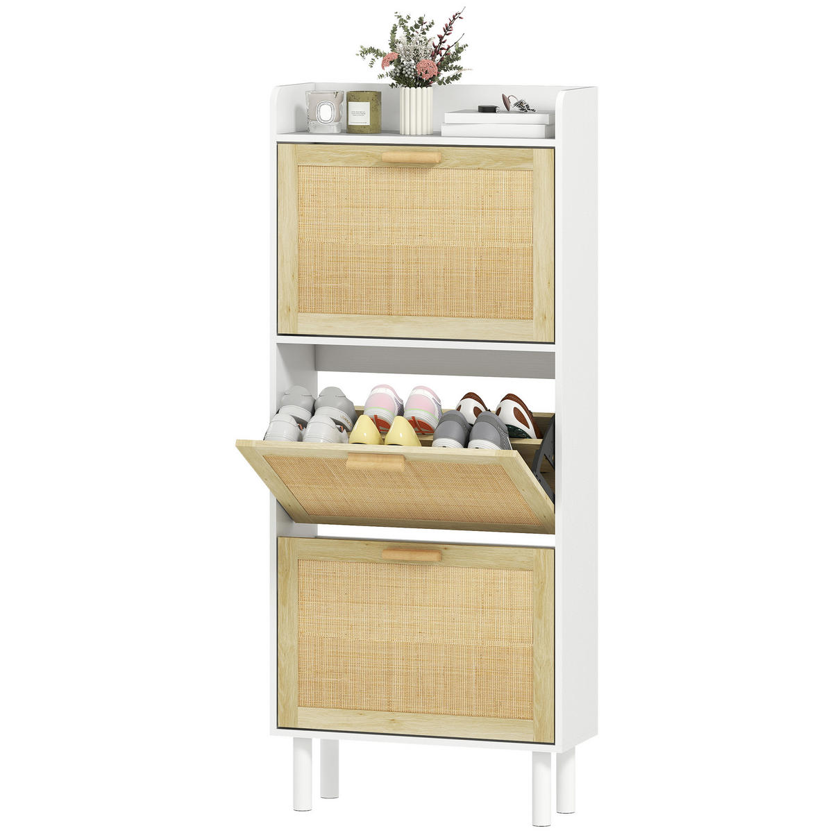 SCHUHSCHRANK DE-15057 3 Klapptüren mit geflochtener Resin-Optik Natur - Weiß, Holzwerkstoff (65/153/24.5cm) - ComfortXL