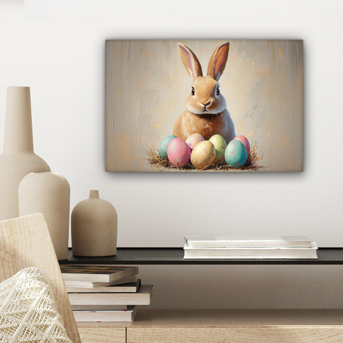 LEINWANDBILD Osterhase - Pastell - Eier Deko Schlafzimmer 30x20 cm - Beige, Textil (30/20cm) - MuchoWow