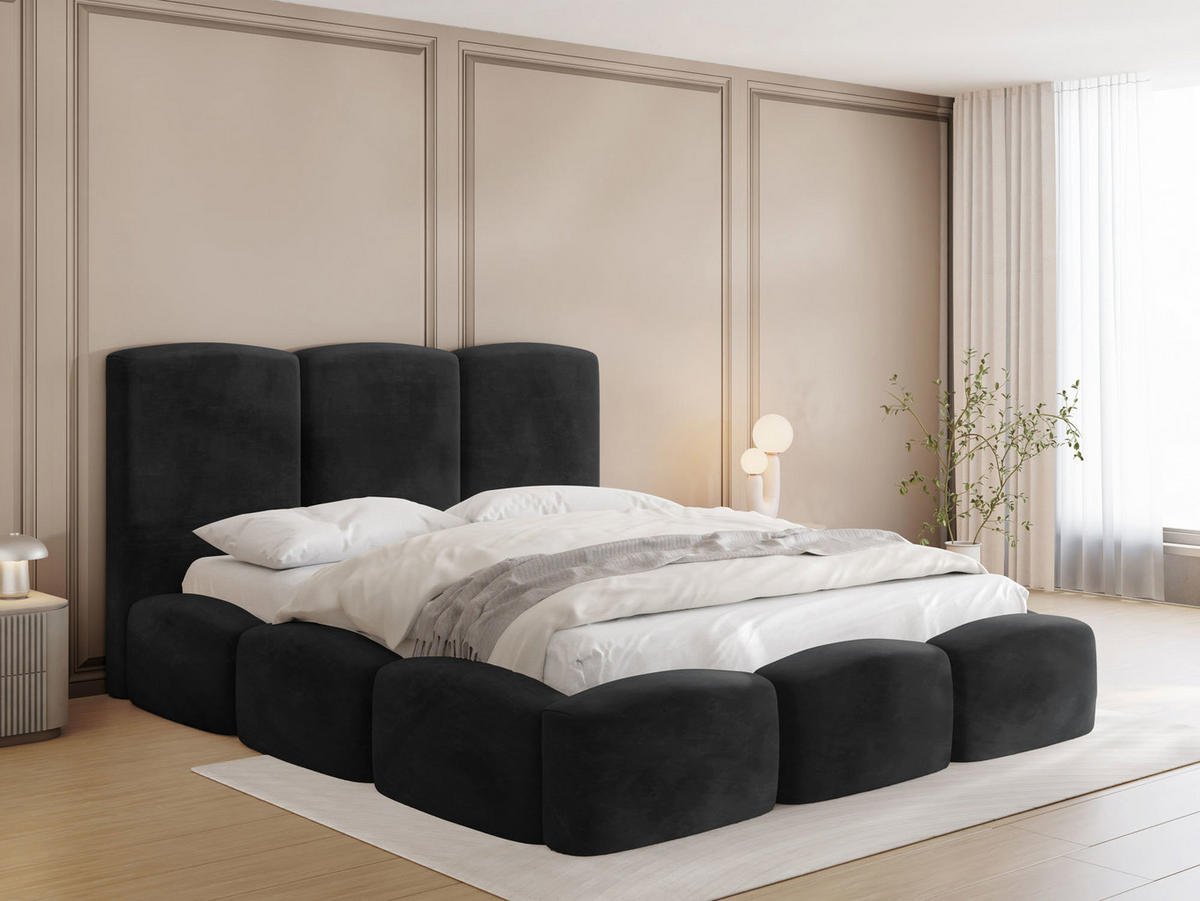 POLSTERBETT Harmony mit Bettkasten, Schwarz Samt Velours 120x200 cm - Schwarz Hochglanz/Birkefarben, Holzwerkstoff/Kunststoff (120/200cm) - WFL GROUP