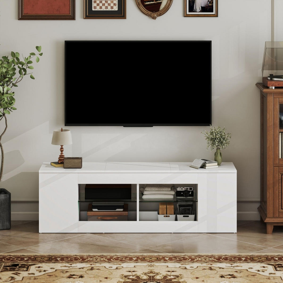 TV-LOWBOARD 140/35/42,5 cm Weiß aus Glas und Spanplatte mit 6 Fächern - Weiß, Glas (140/42.5/35cm) - OKWISH