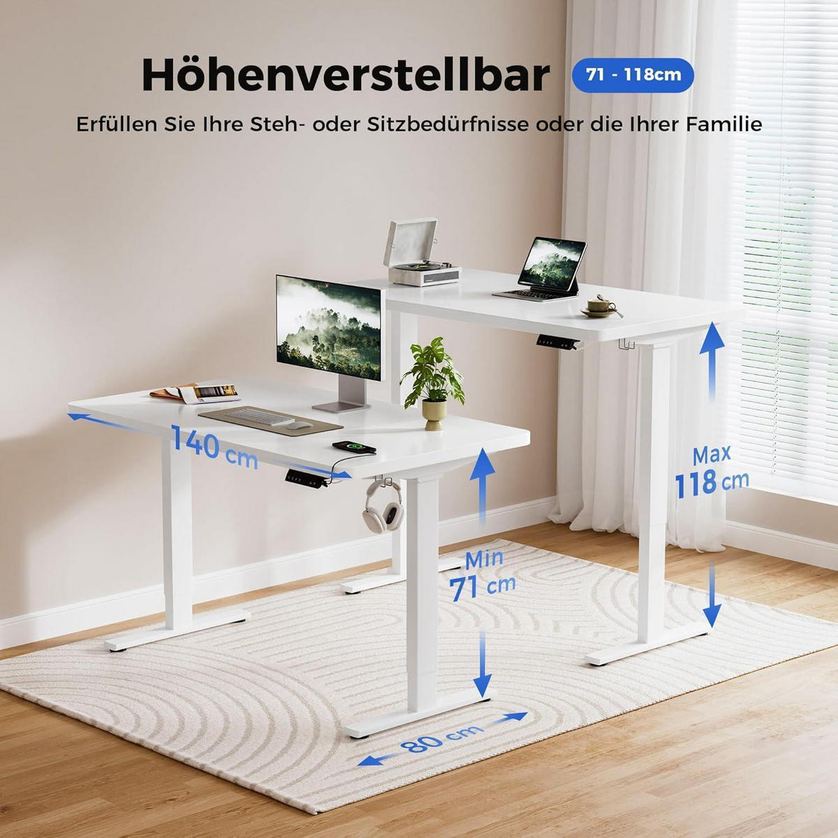 SCHREIBTISCH Höhenverstellbar 140 x 80 cm Weiß - Weiß, Holz (140/80/75cm)