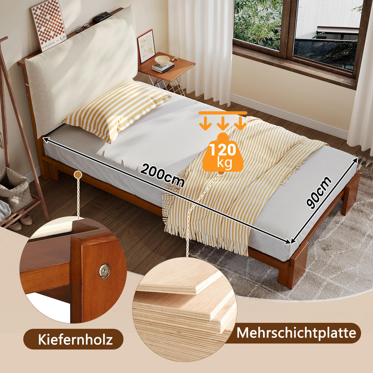 POLSTERBETT 90/200 cm dunkelbraun aus Holz mit gepolstertem Kopfteil - Braun, Textil (90/200cm) - OKWISH