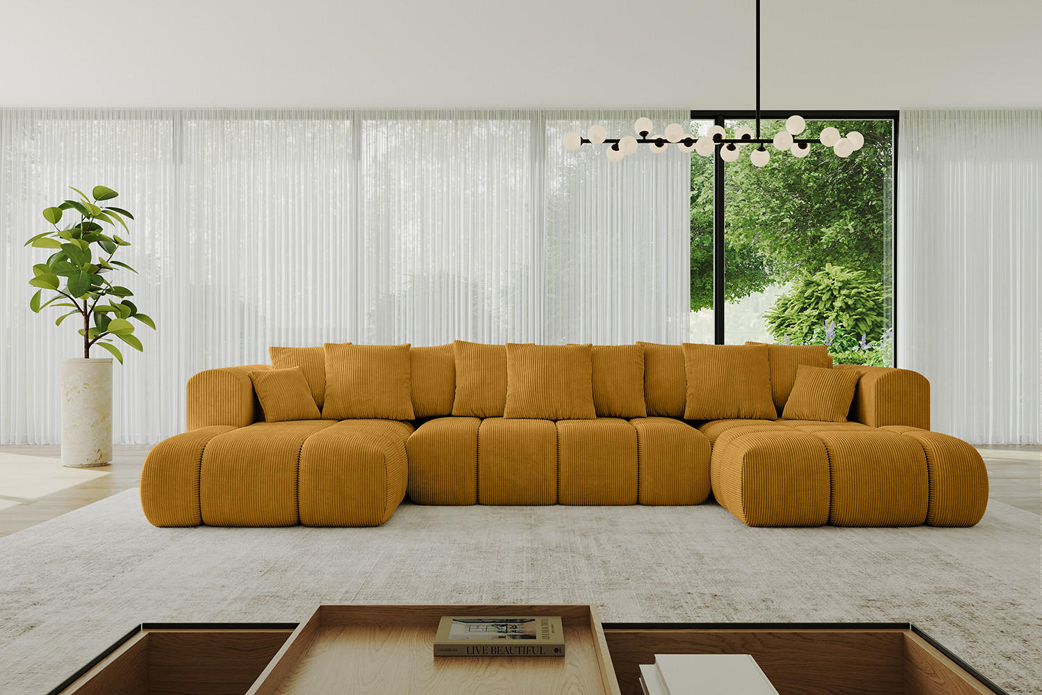 WOHNLANDSCHAFT Ottomane Links CLOUD-U-v1 414x180x40 Senfgelb Cord - Currygelb, Holzwerkstoff/Kunststoff (414/90/180cm) - ALTDECOR