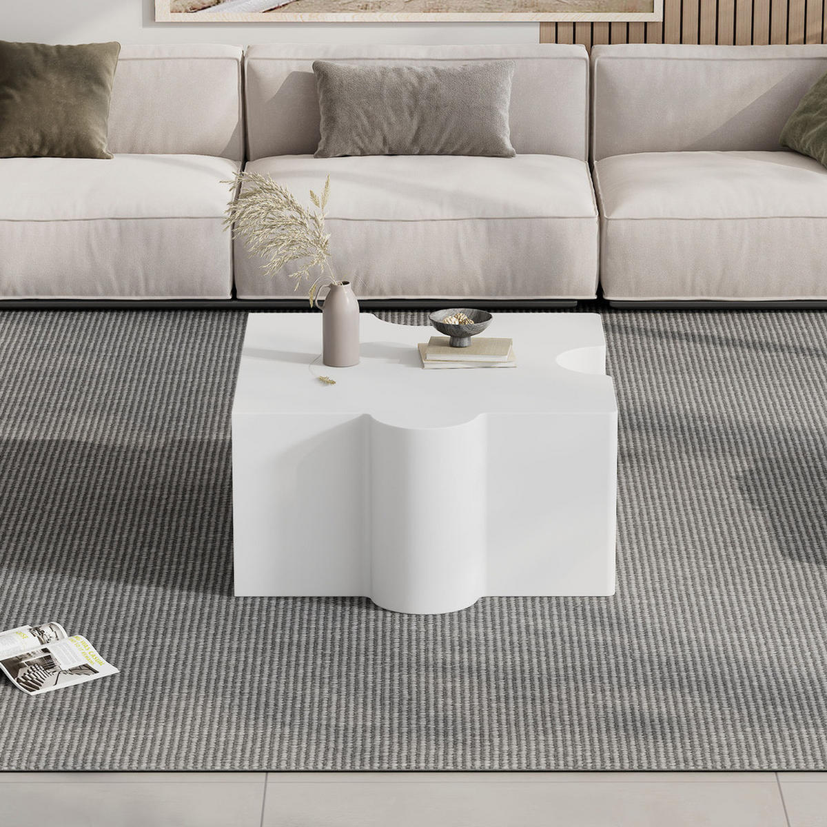 COUCHTISCH Puzzle Design 65x65cm kaltweiß MDF Polsterung Abstrakt Weiß - Weiß, Holz (73/73/40cm) - FLIEKS