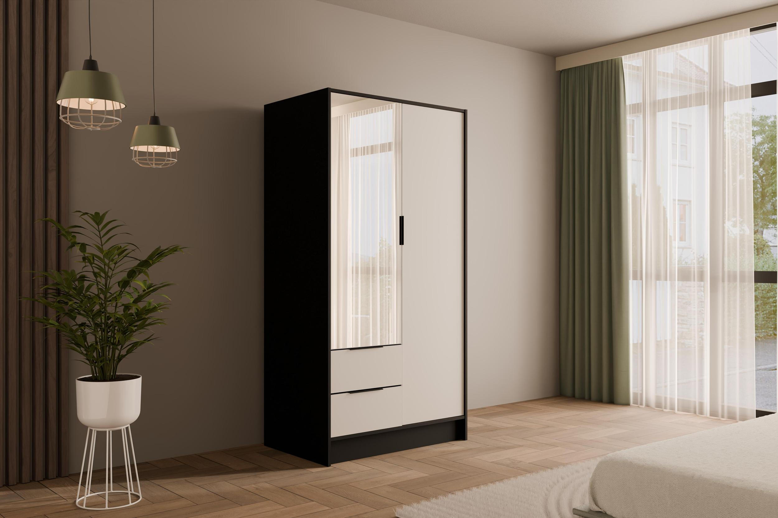 KLEIDERSCHRANK mit Spiegel und Flügeltüren KOLIN 100x200cm Schwarz / Weiß - Schwarz/Weiß, Holzwerkstoff (102/200/51cm) - ALTDECOR