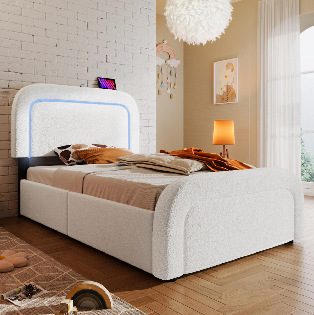 BETT mit Matratze, USB-C, LED und 2 Schubladen 90x200 cm Sherpa Weiß - Weiß, Metall (90/200cm) - Meubliv