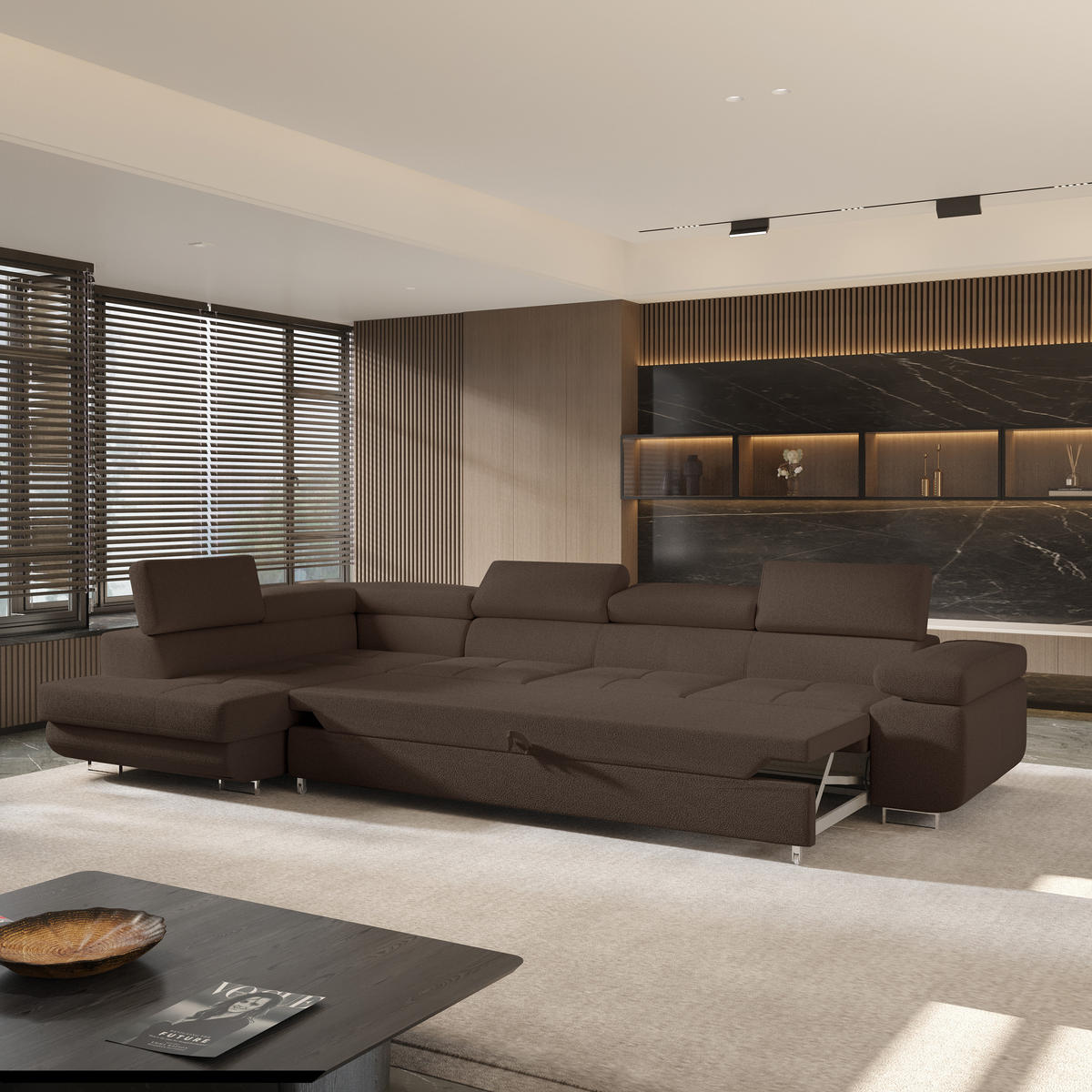 ECKSOFA VICENTE Braun Boucle-Stoff mit Schlaffunktion - Braun, Holz (346/202cm) - MASSENO