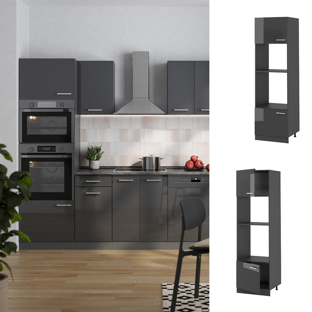 MIKROWELLENSCHRANK R-Line Anthrazit Hochglanz 60 cm - Schwarz Hochglanz/Anthrazit, Holzwerkstoff (60/206.8/57.2cm) - Vicco