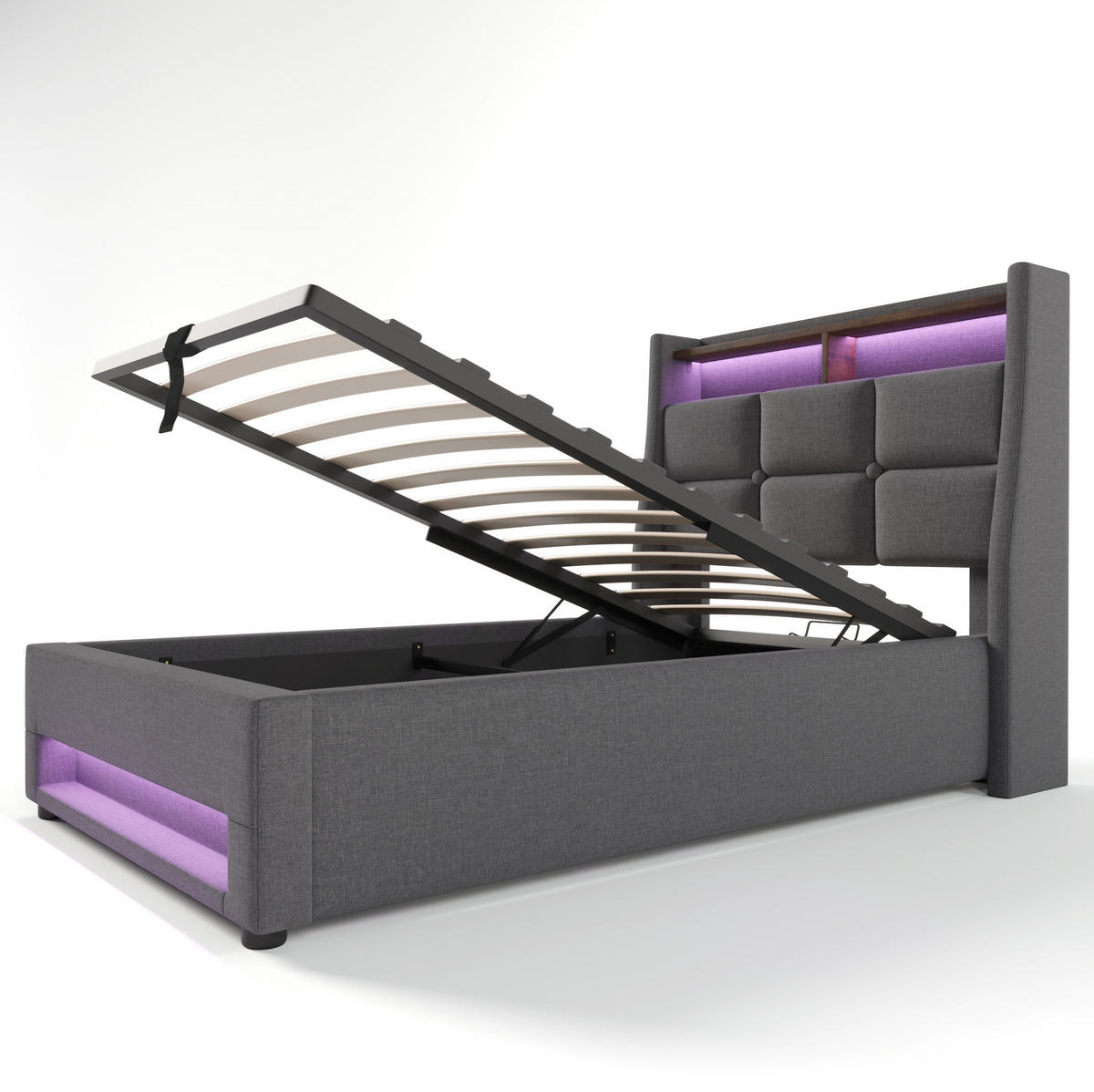 POLSTERBETT mit Stauraum, USB und LED 90x200 cm Leinen Grau - Grau, Metall (90/200cm) - Meubliv