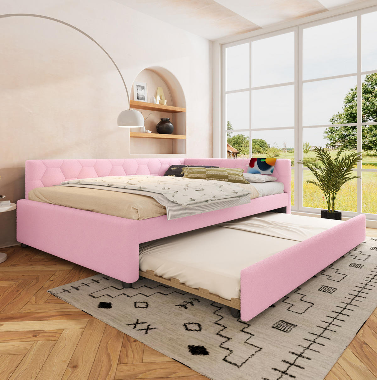 BETT 140/200 cm Rosa mit Ausziehbett und USB- und Type-C-Anschlüssen - Rosa, Textil (140/200cm) - Flora Grace